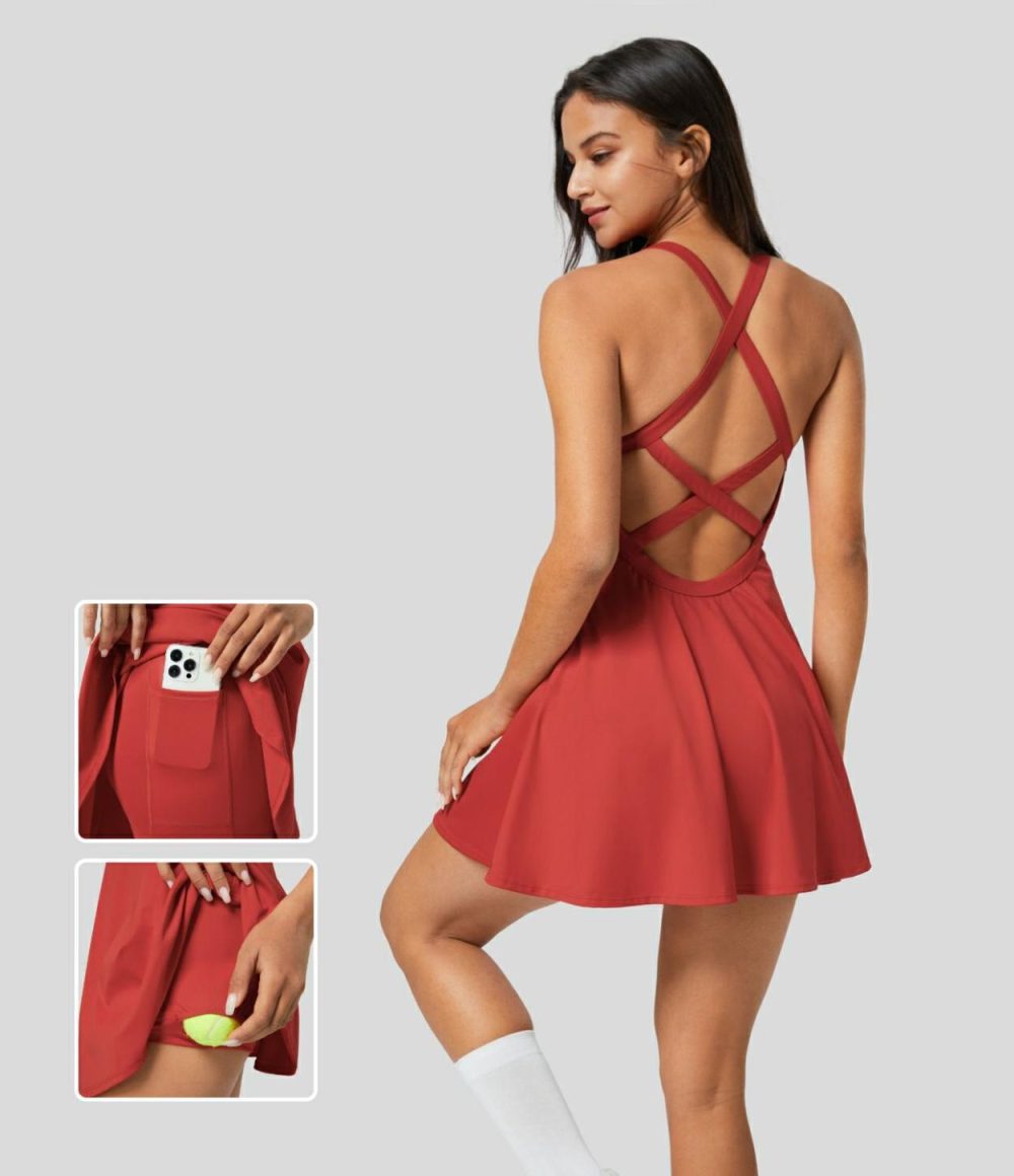 Backless Crisscross 2-in-1 Pocket Quick Dry Flare Mini Tennis Active Dress  | Womens  Active Dresses Active Dresses Active Dresses