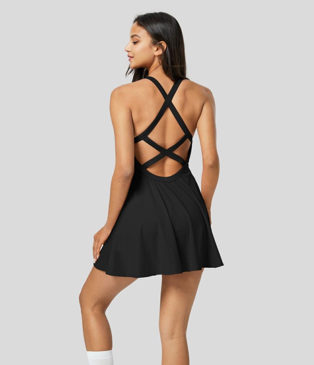 Backless Crisscross 2-in-1 Pocket Quick Dry Flare Mini Tennis Active Dress  | Womens  Active Dresses Active Dresses Active Dresses