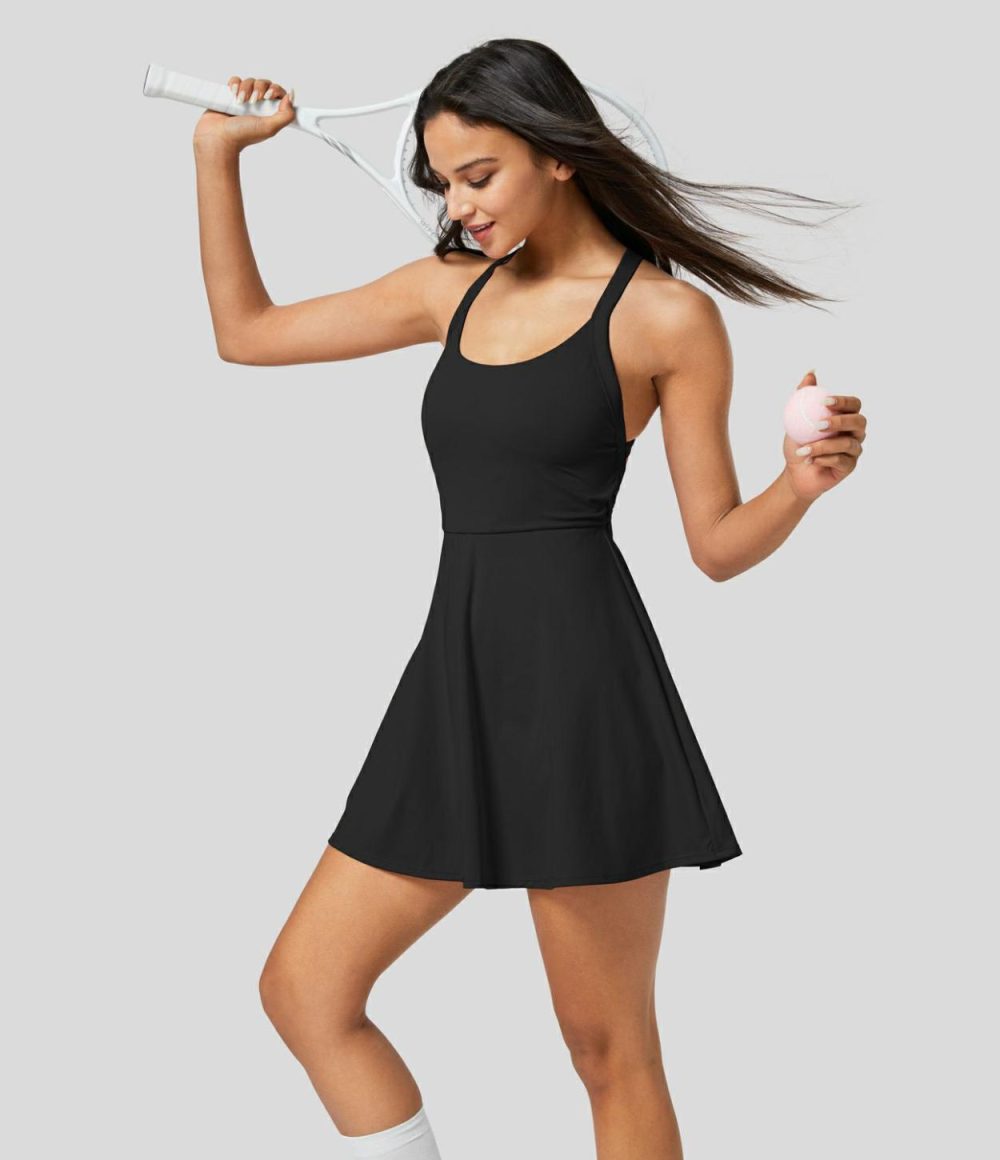 Backless Crisscross 2-in-1 Pocket Quick Dry Flare Mini Tennis Active Dress  | Womens  Active Dresses Active Dresses Active Dresses