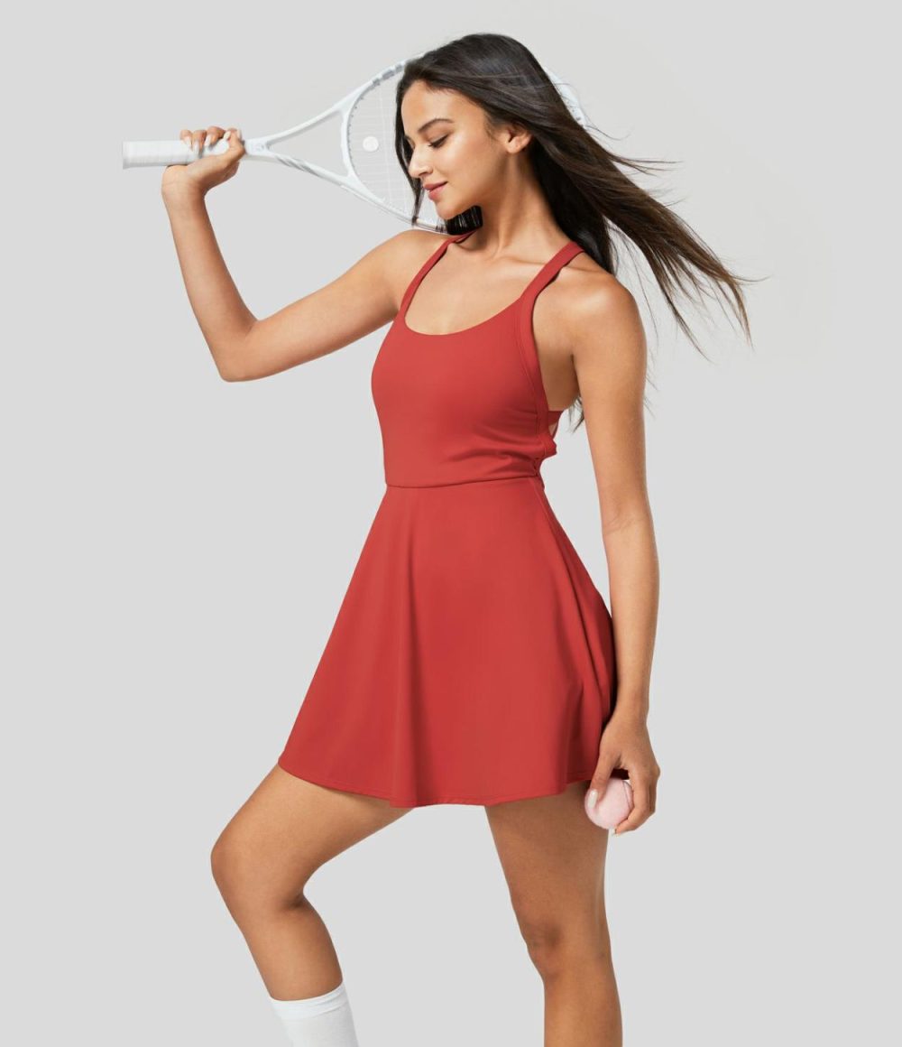 Backless Crisscross 2-in-1 Pocket Quick Dry Flare Mini Tennis Active Dress  | Womens  Active Dresses Active Dresses Active Dresses