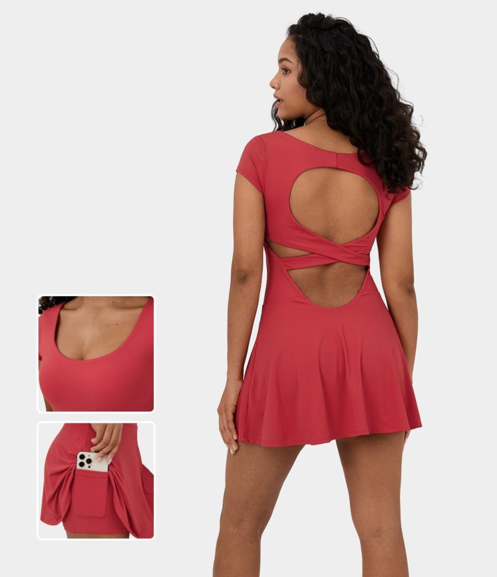 Backless Crisscross 2-in-1 Side Pocket Mini Pickleball Active Dress  | Womens  Active Dresses Active Dresses Active Dresses