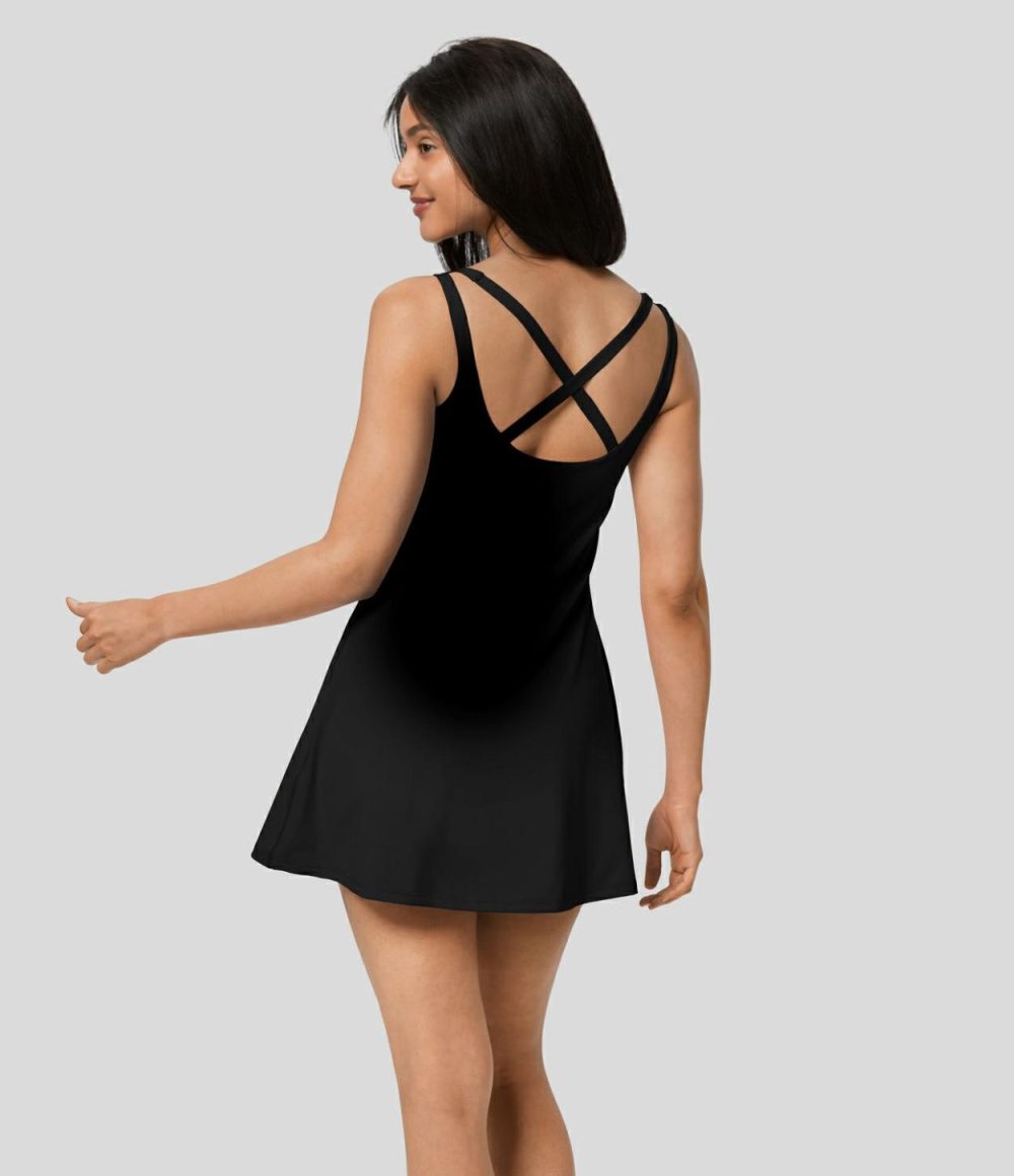 Backless Crisscross 2-in-1 Side Pocket Quick Dry Mini Slip Tennis Active Dress  | Womens  Active Dresses Active Dresses Active Dresses