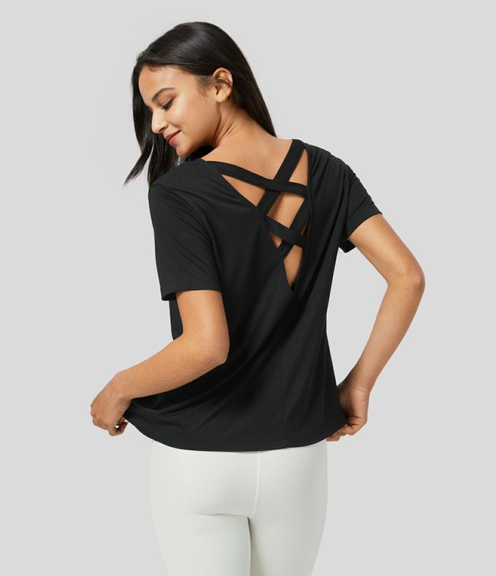 Backless Crisscross Cut Out Short Sleeve Yoga Sports Top  | Womens  Sports Tops Clothing Rhododendron/Black