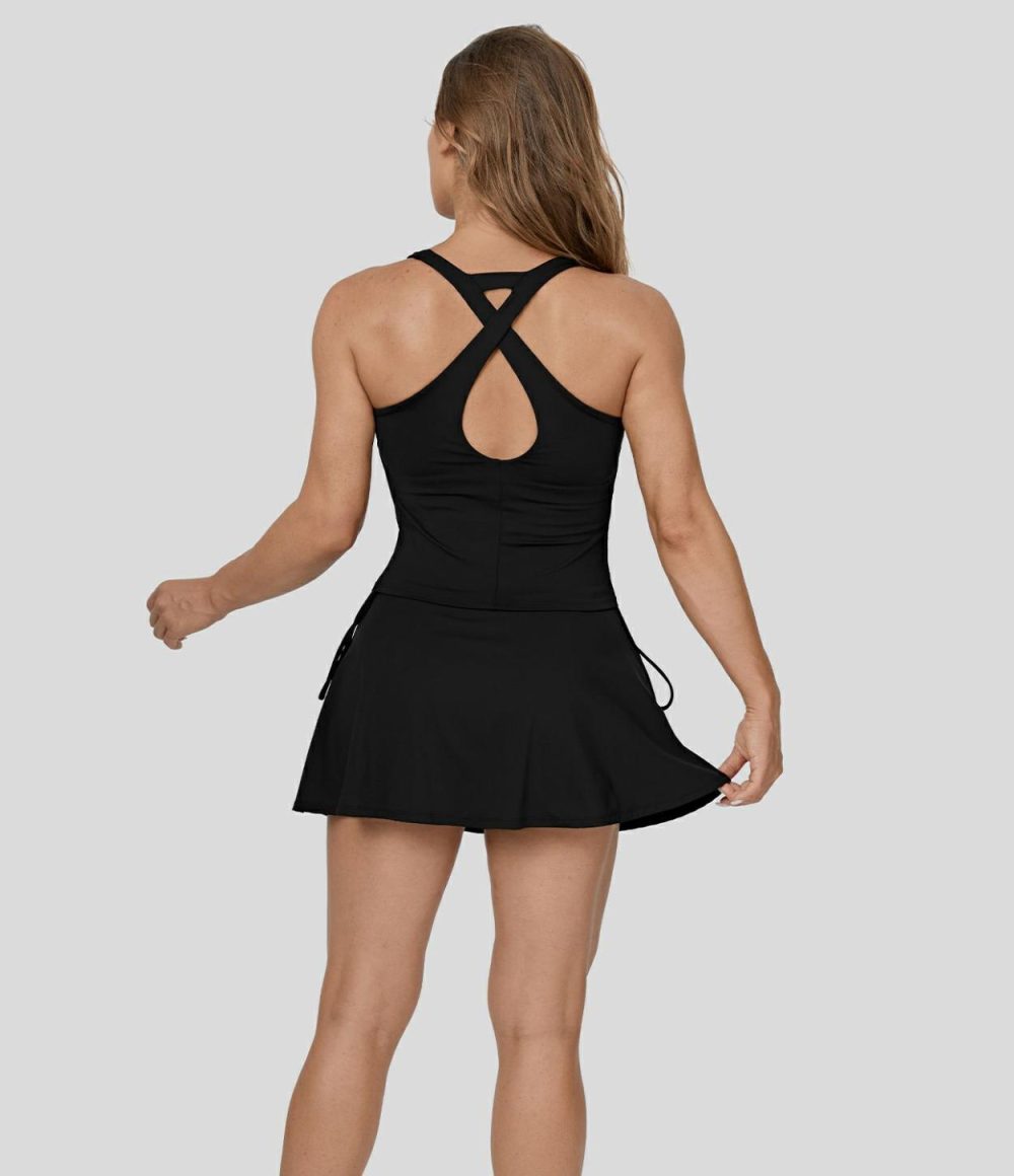 Backless Crisscross Drawstring Contrast Mesh 2-in-1 Side Pocket Mini Tennis Active Dress  | Womens  Active Dresses Active Dresses Active Dresses