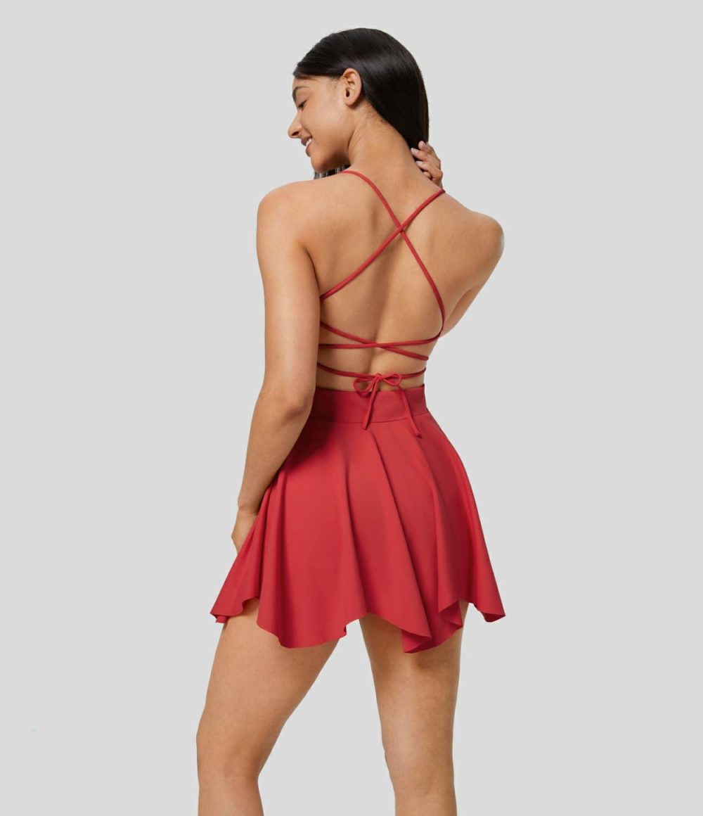 Backless Crisscross Lace Up 2-in-1 Pocket Mini Slip Active Dress  | Womens  Active Dresses Active Dresses Active Dresses