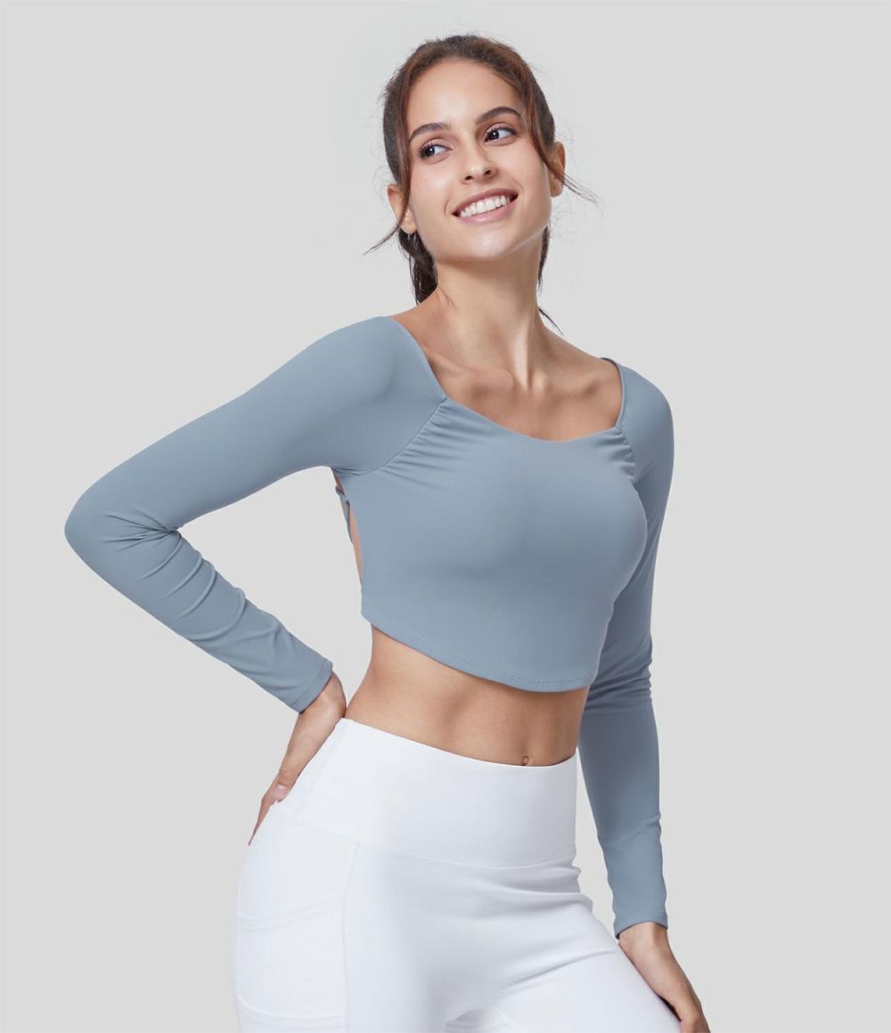 Backless Crisscross Lace Up Long Sleeve Curved Hem Cropped Yoga Sports Top  | Womens  Sports Tops Clothing Snowflake Blue/Black