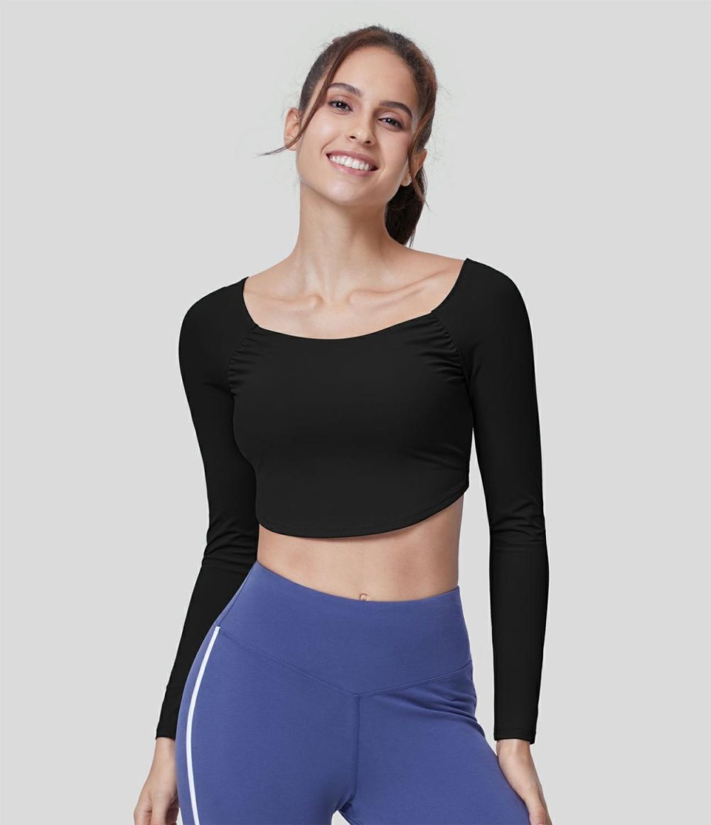 Backless Crisscross Lace Up Long Sleeve Curved Hem Cropped Yoga Sports Top  | Womens  Sports Tops Clothing Snowflake Blue/Black