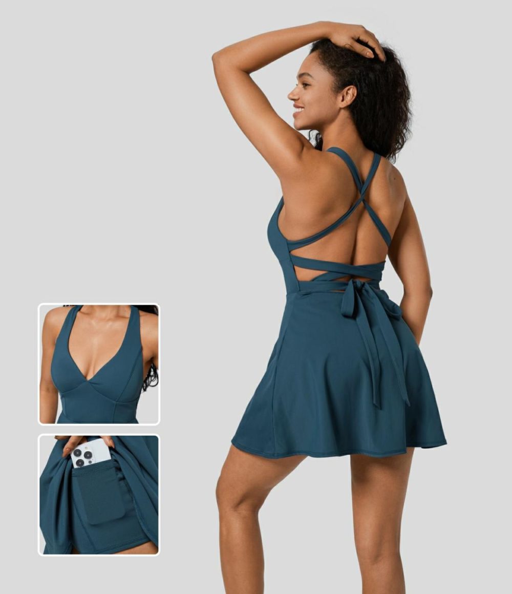 Backless Crisscross Tie Back 2-in-1 Pocket Flare Mini Dance Active Dress  | Womens  Active Dresses Active Dresses Active Dresses