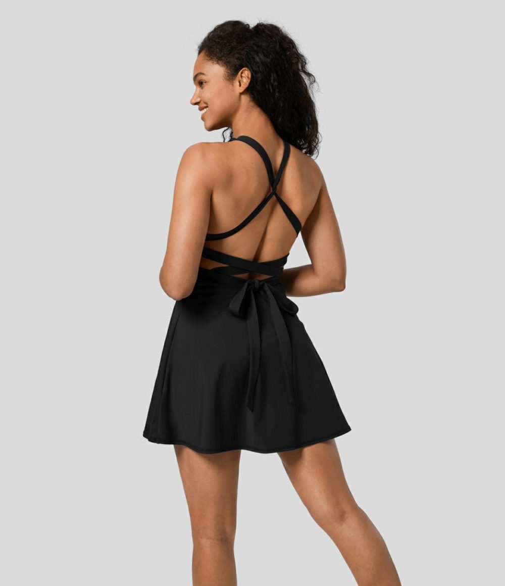 Backless Crisscross Tie Back 2-in-1 Pocket Flare Mini Dance Active Dress  | Womens  Active Dresses Active Dresses Active Dresses