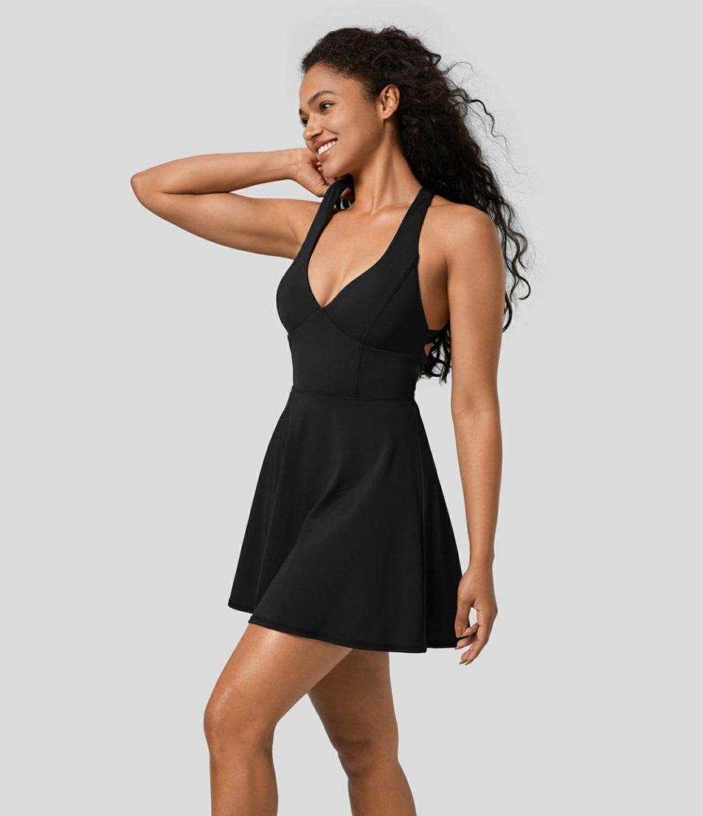 Backless Crisscross Tie Back 2-in-1 Pocket Flare Mini Dance Active Dress  | Womens  Active Dresses Active Dresses Active Dresses