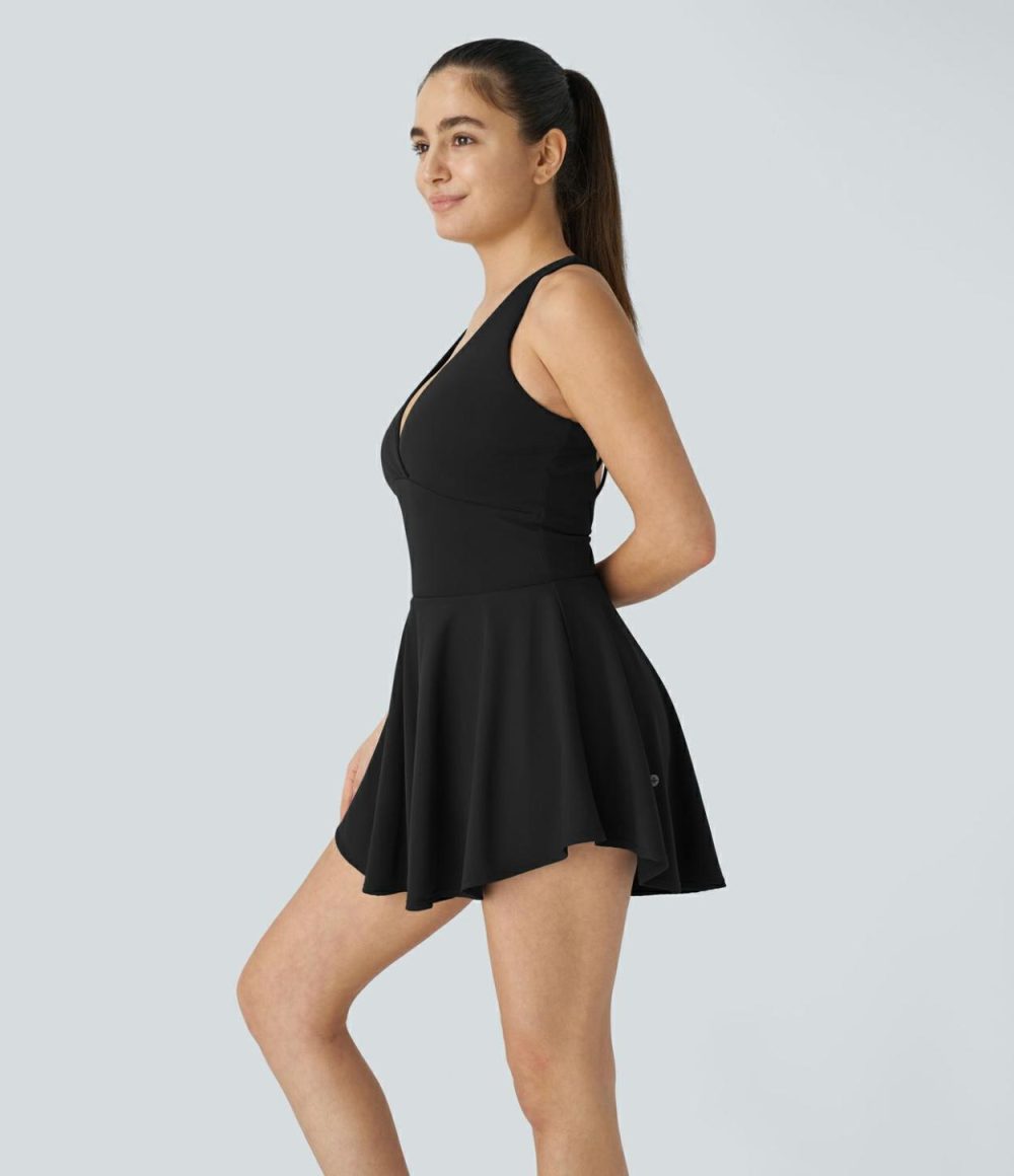 Backless Cut Out 2-in-1 Side Pocket Flare Mini Active Dress  | Womens  Active Dresses Active Dresses Active Dresses