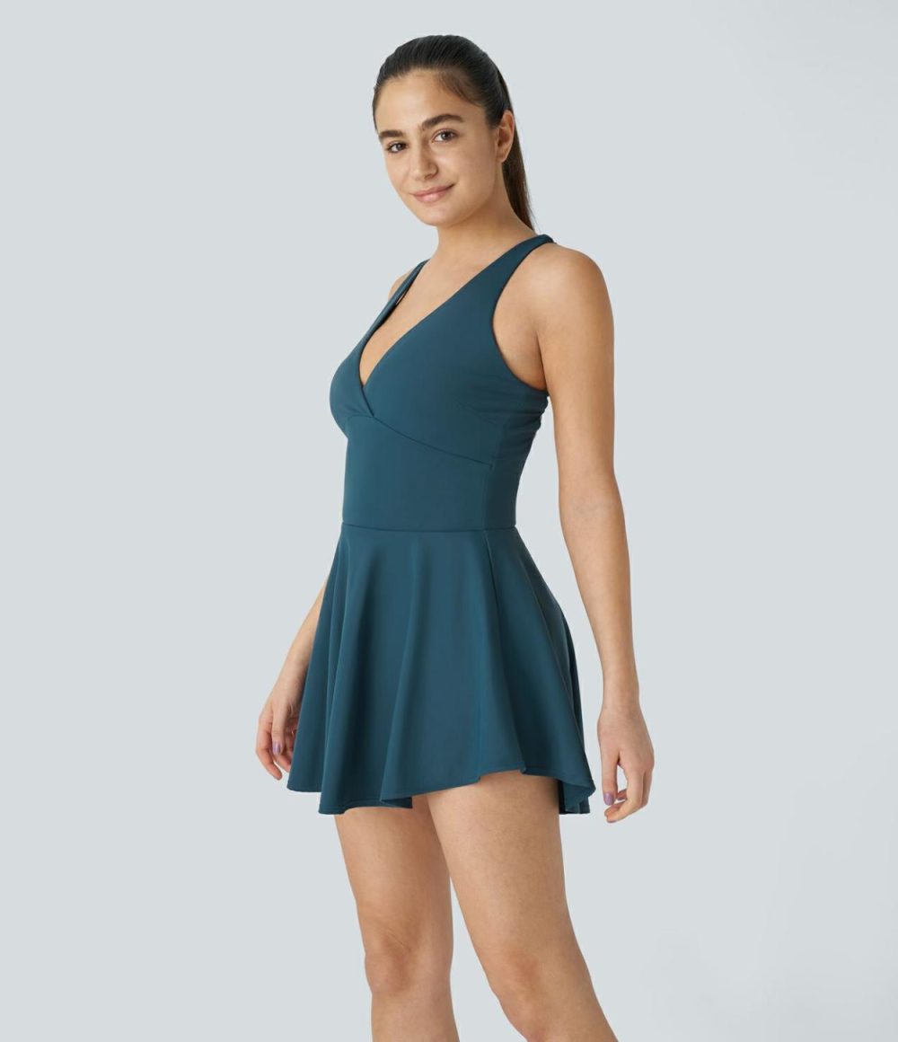 Backless Cut Out 2-in-1 Side Pocket Flare Mini Active Dress  | Womens  Active Dresses Active Dresses Active Dresses