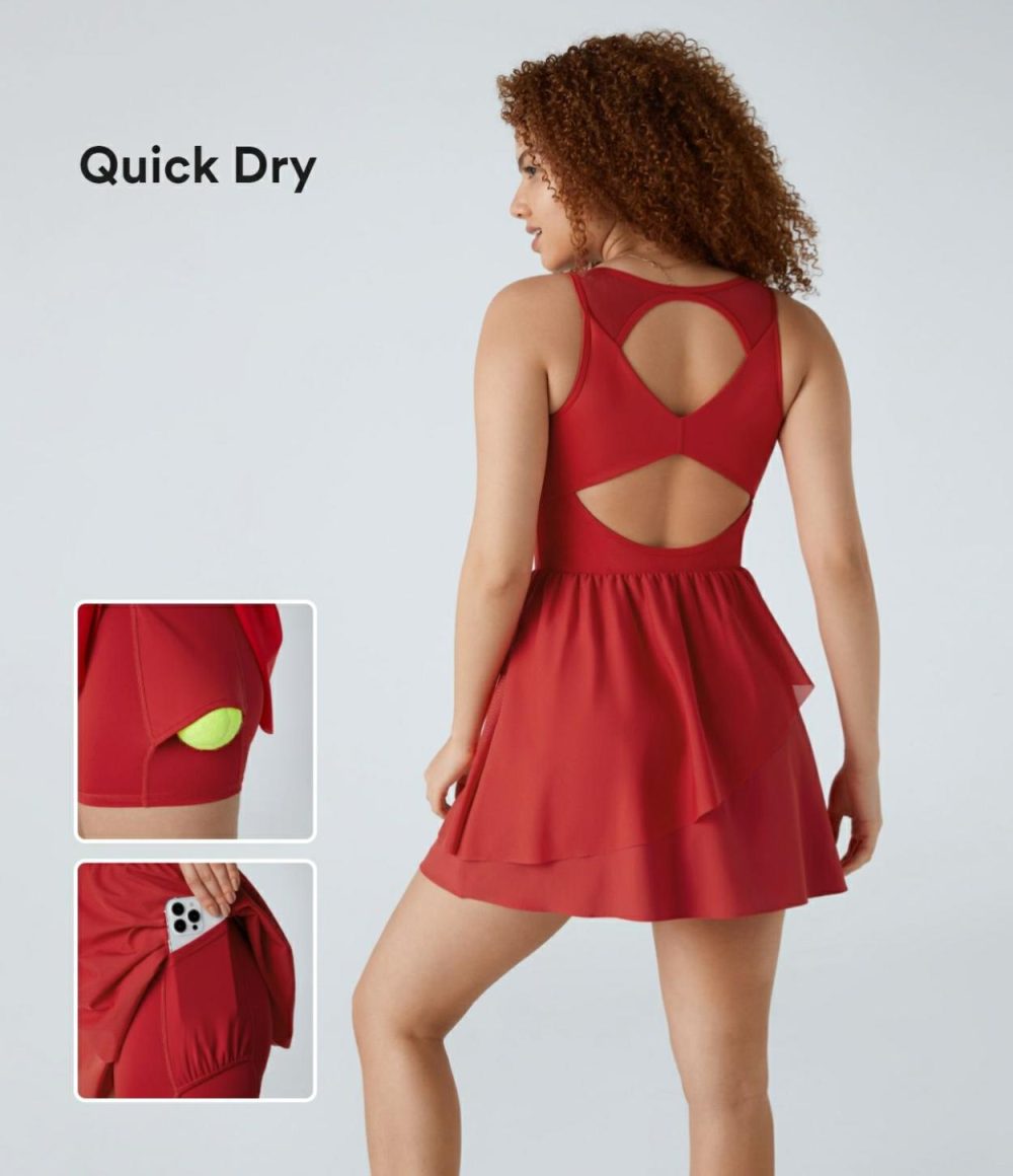 Backless Cut Out Contrast Mesh 2-in-1 Pocket Quick Dry Mini Tank Tennis Active Dress  | Womens  Active Dresses Active Dresses Active Dresses