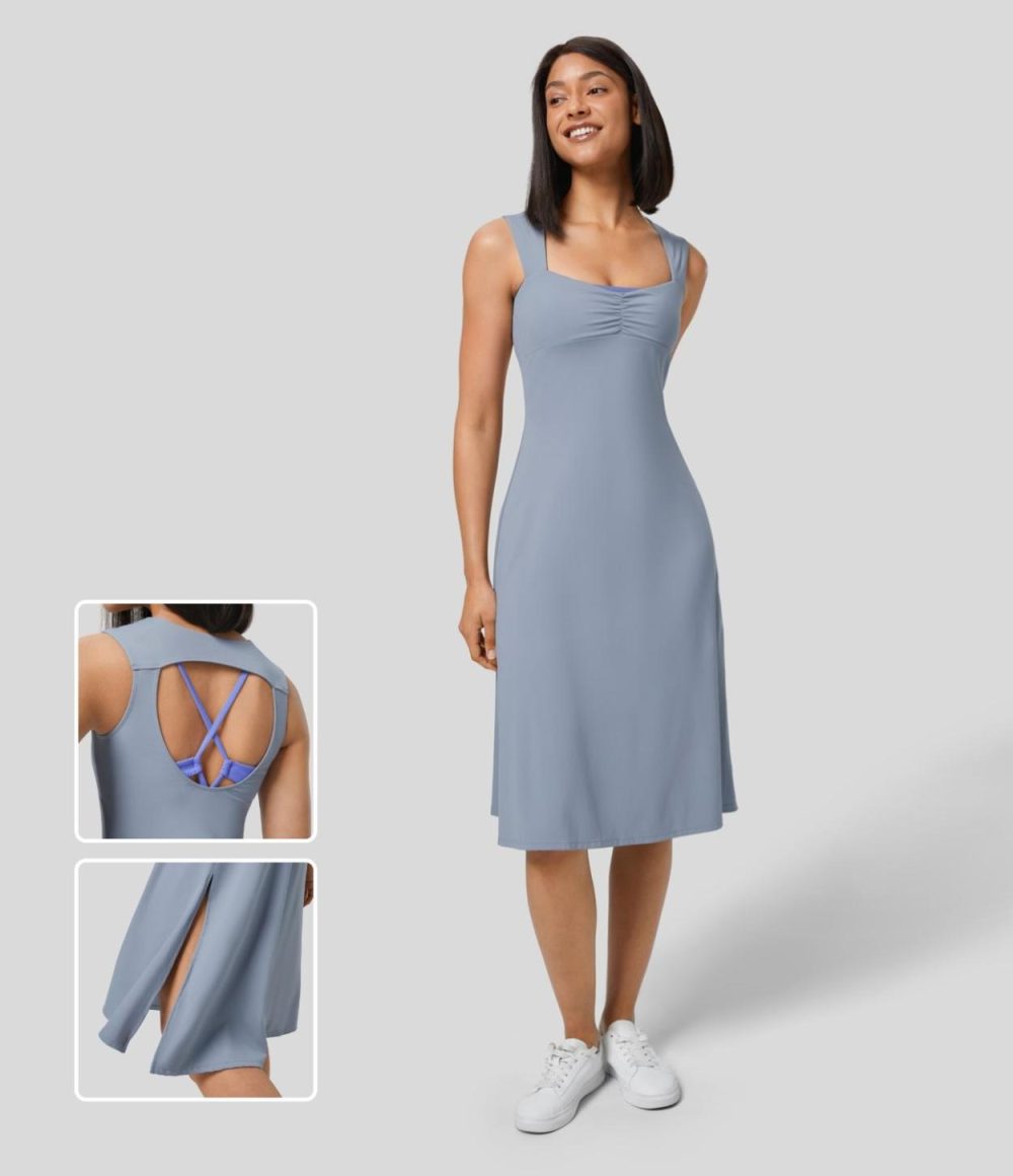 Backless Cut Out Ruched Split Hem Midi Casual Dress  | Womens  Active Dresses Active Dresses Active Dresses