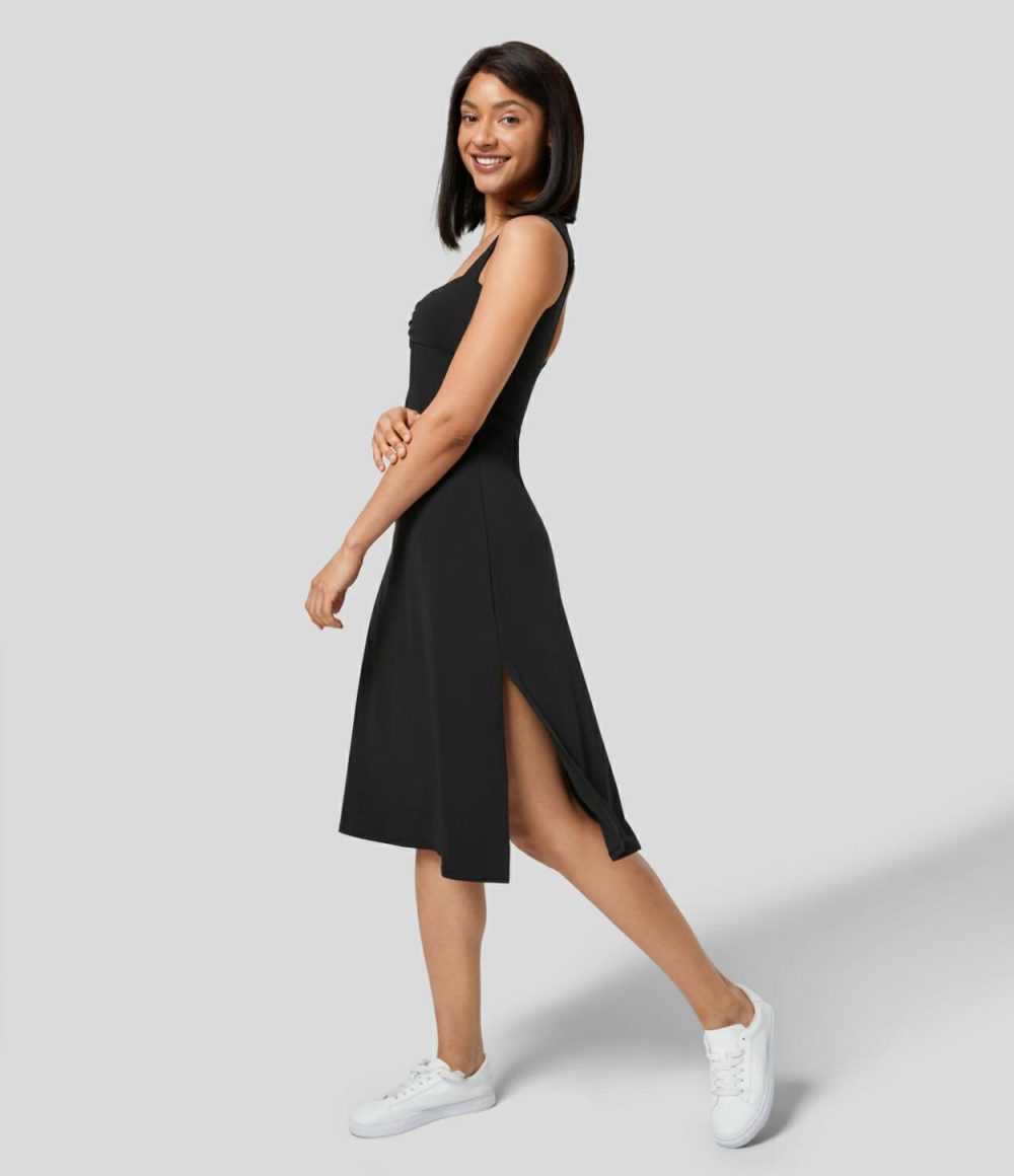 Backless Cut Out Ruched Split Hem Midi Casual Dress  | Womens  Active Dresses Active Dresses Active Dresses