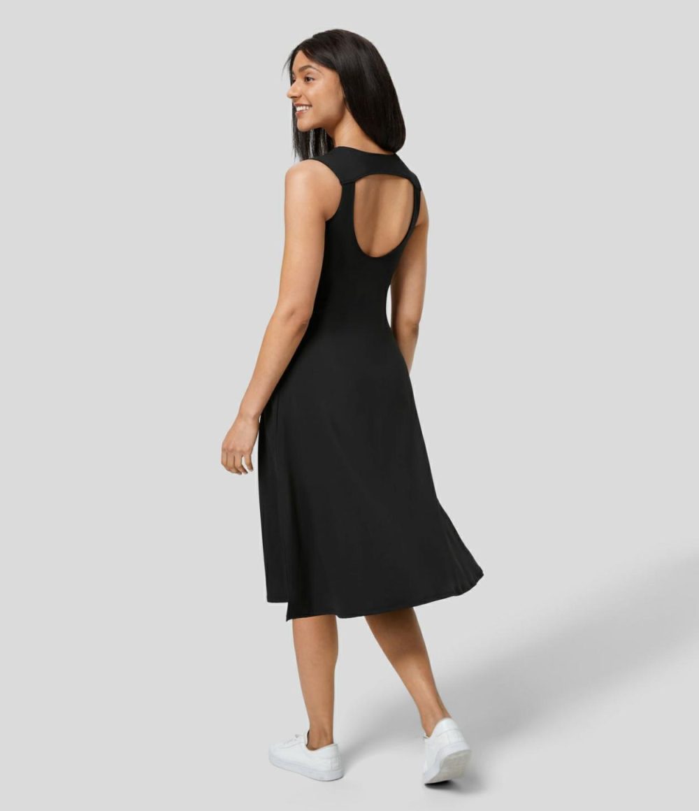 Backless Cut Out Ruched Split Hem Midi Casual Dress  | Womens  Active Dresses Active Dresses Active Dresses