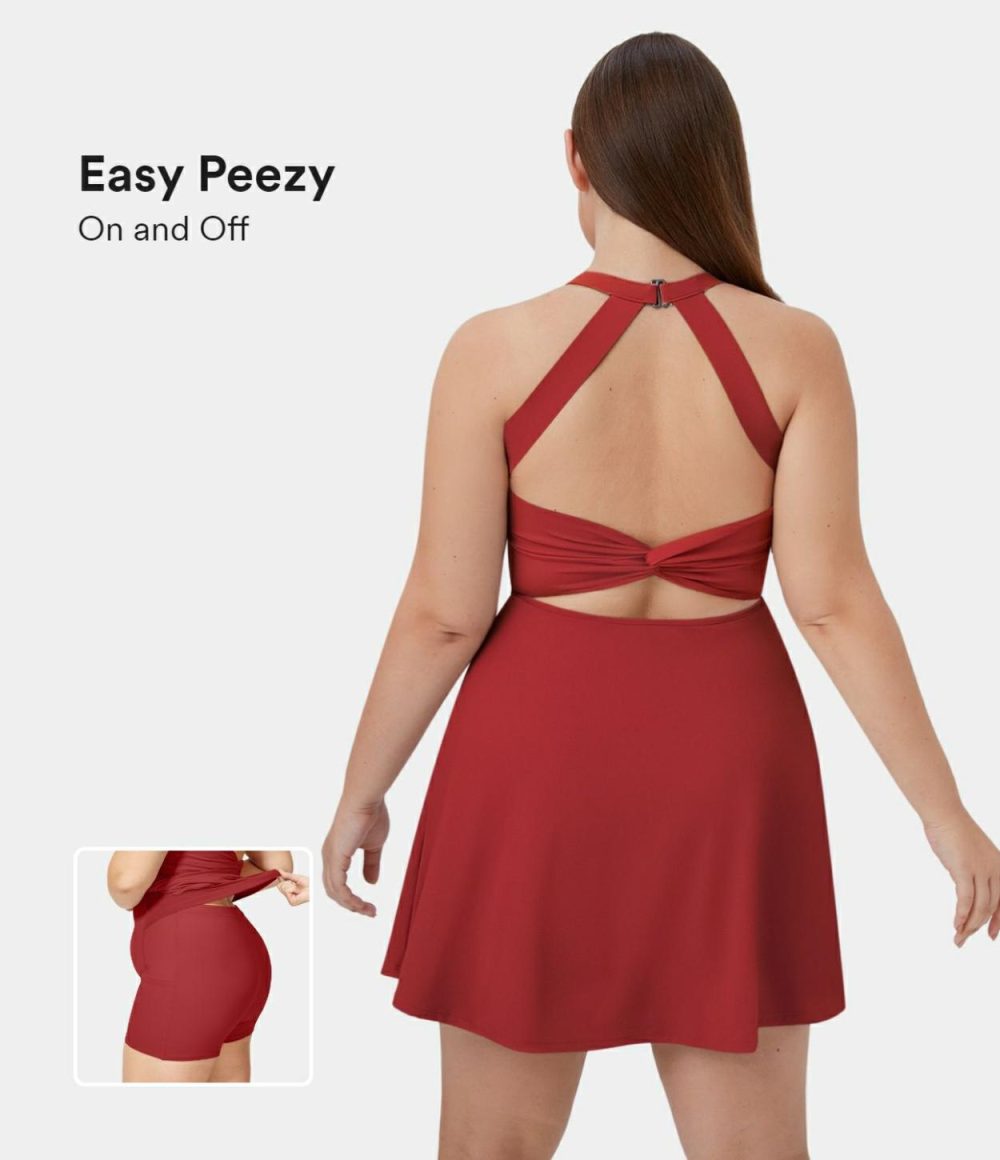 Backless Cut Out Twisted Side Pocket 2-in-1 Exercise Plus Size Dress-Easy Peezy  | Womens  Mini Dresses Clothing Mini Dresses