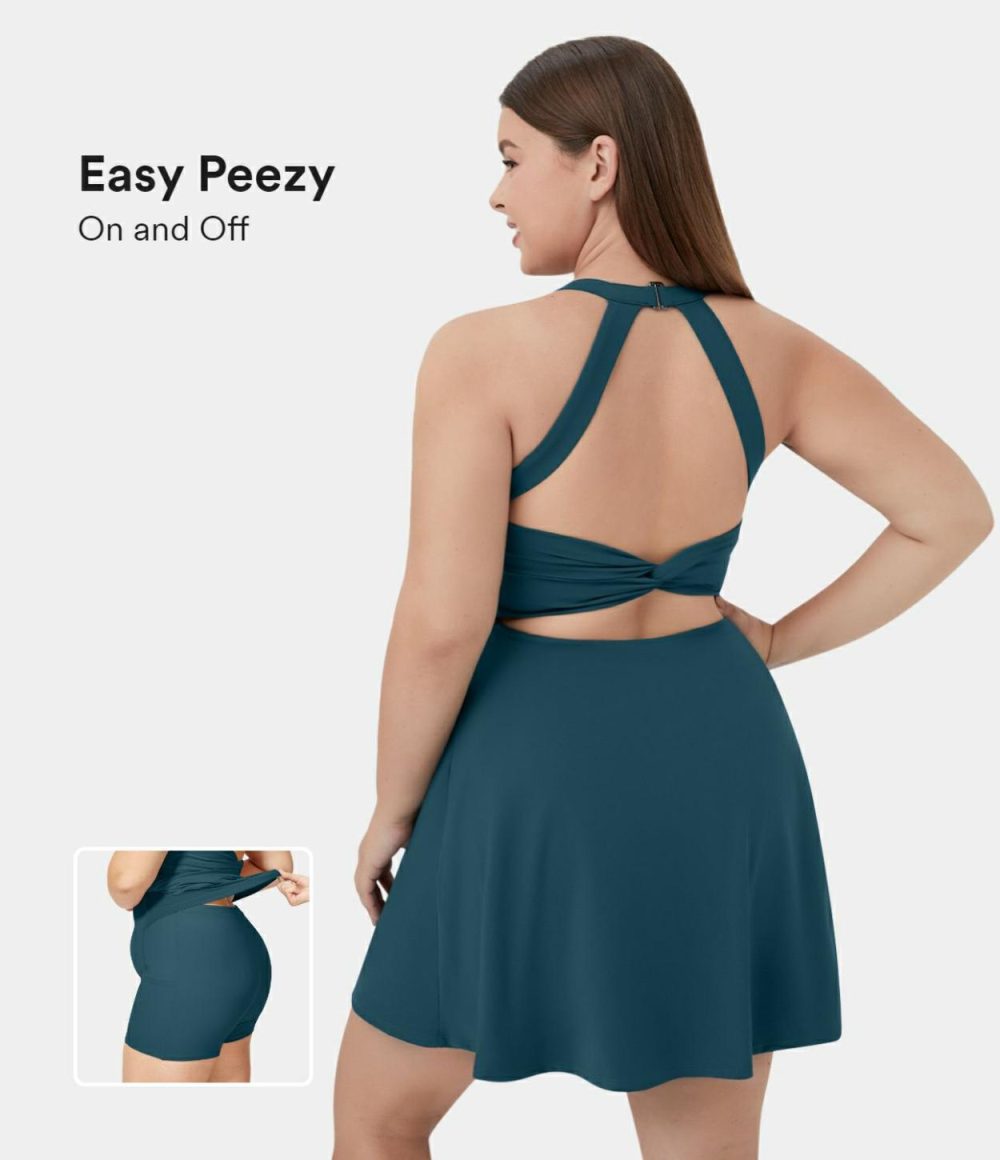 Backless Cut Out Twisted Side Pocket 2-in-1 Exercise Plus Size Dress-Easy Peezy  | Womens  Mini Dresses Clothing Mini Dresses