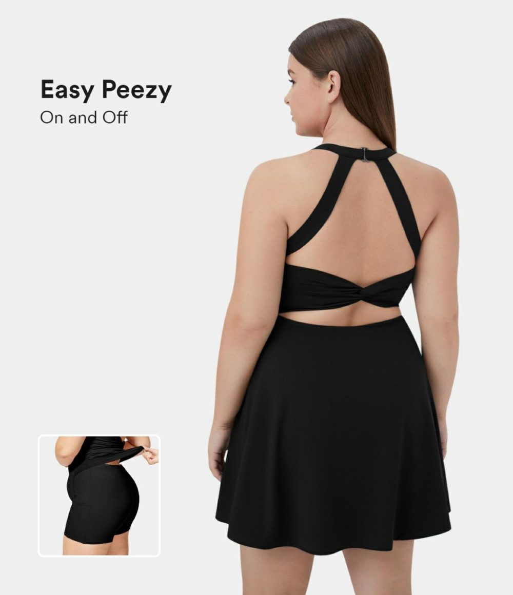 Backless Cut Out Twisted Side Pocket 2-in-1 Exercise Plus Size Dress-Easy Peezy  | Womens  Mini Dresses Clothing Mini Dresses