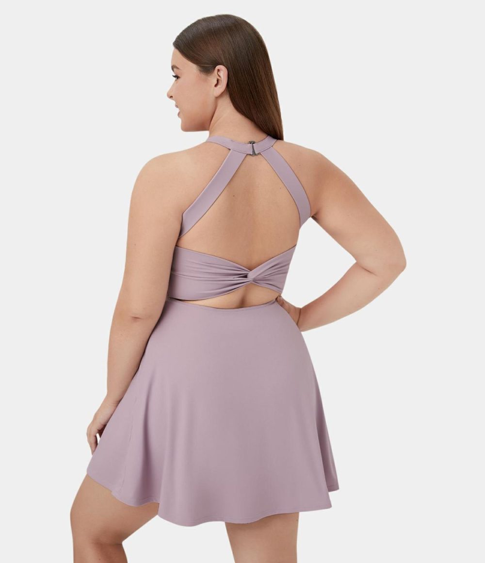 Backless Cut Out Twisted Side Pocket 2-in-1 Plus Size Barre Ballet Dance Dress  | Womens  Mini Dresses Clothing Mini Dresses