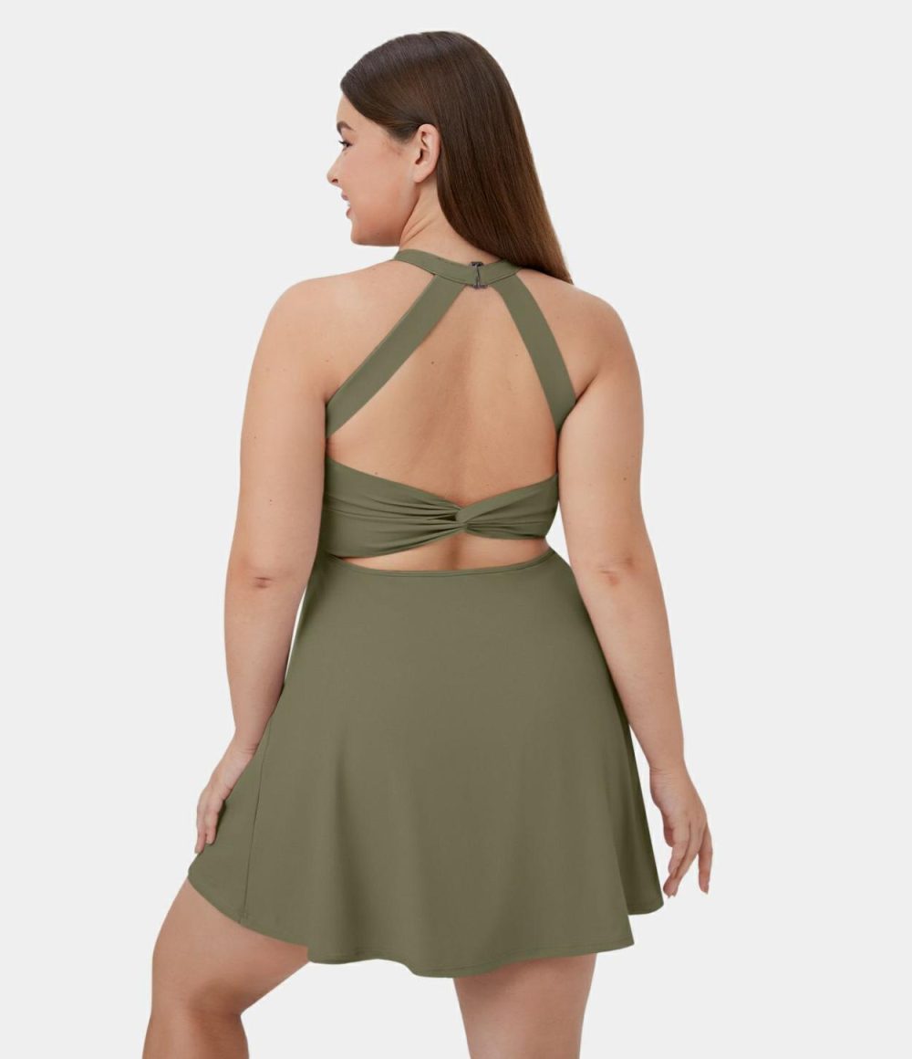 Backless Cut Out Twisted Side Pocket 2-in-1 Plus Size Barre Ballet Dance Dress  | Womens  Mini Dresses Clothing Mini Dresses