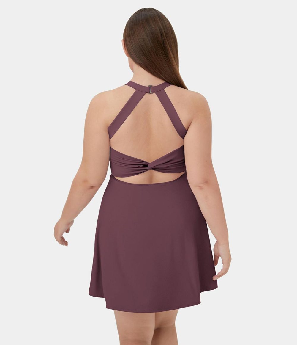 Backless Cut Out Twisted Side Pocket 2-in-1 Plus Size Barre Ballet Dance Dress  | Womens  Mini Dresses Clothing Mini Dresses