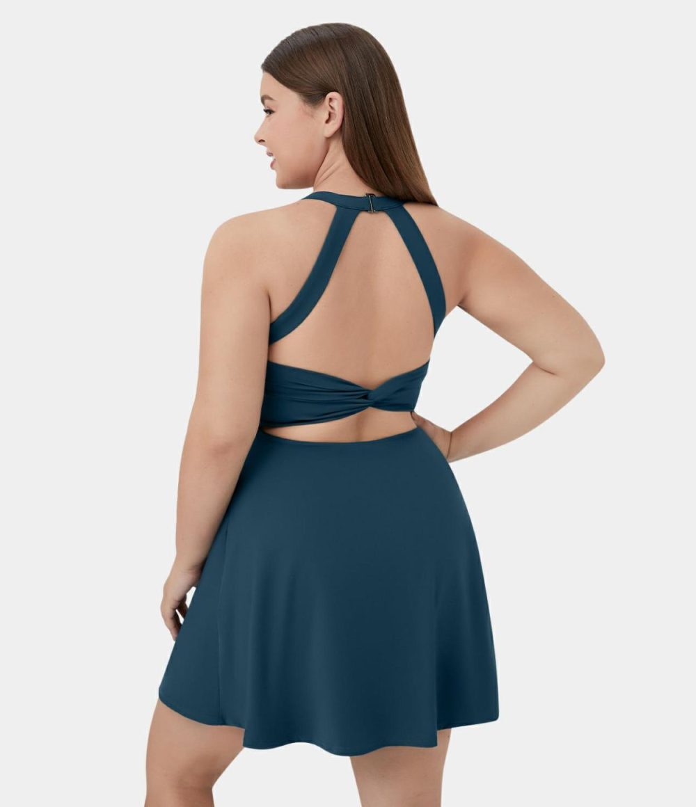 Backless Cut Out Twisted Side Pocket 2-in-1 Plus Size Barre Ballet Dance Dress  | Womens  Mini Dresses Clothing Mini Dresses