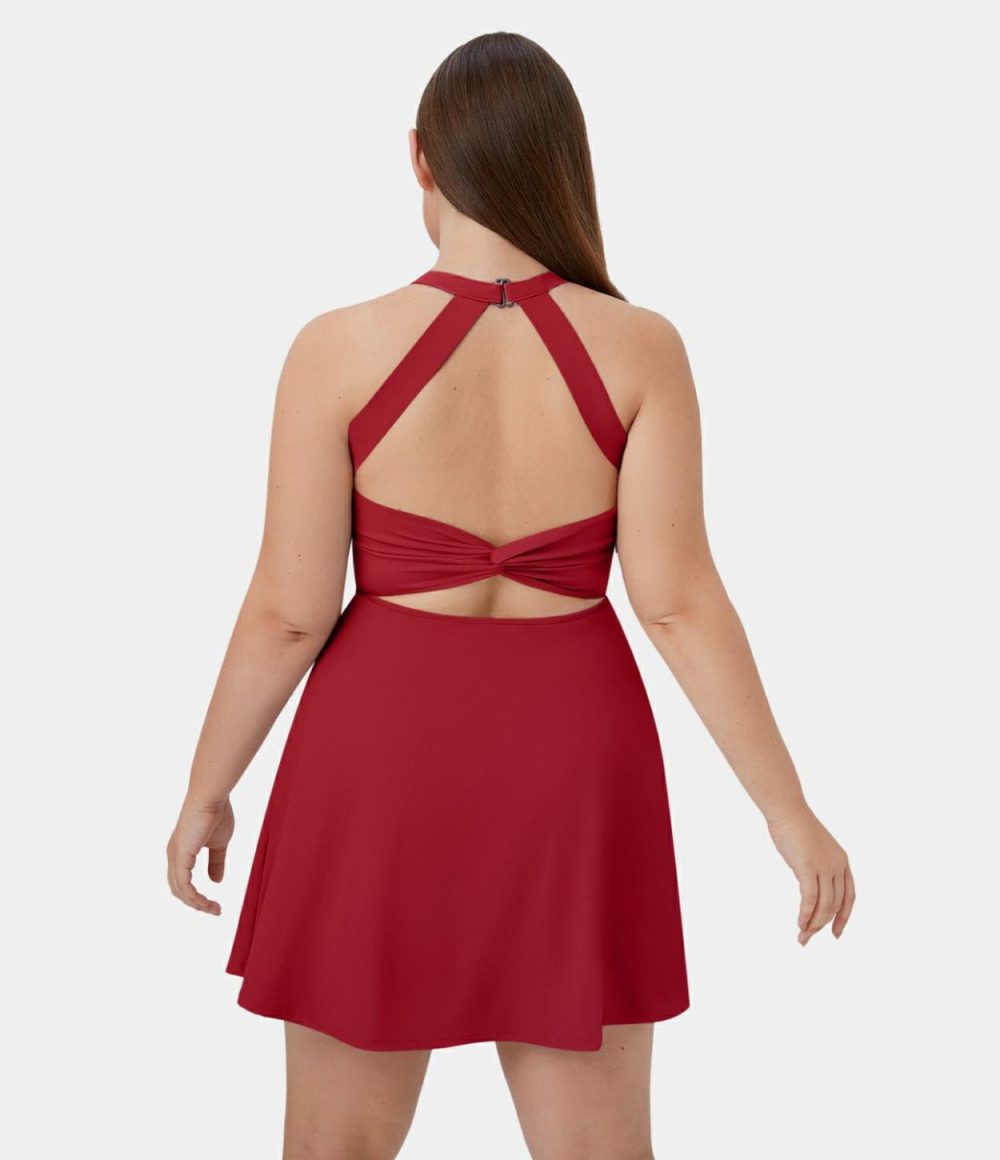 Backless Cut Out Twisted Side Pocket 2-in-1 Plus Size Barre Ballet Dance Dress  | Womens  Mini Dresses Clothing Mini Dresses