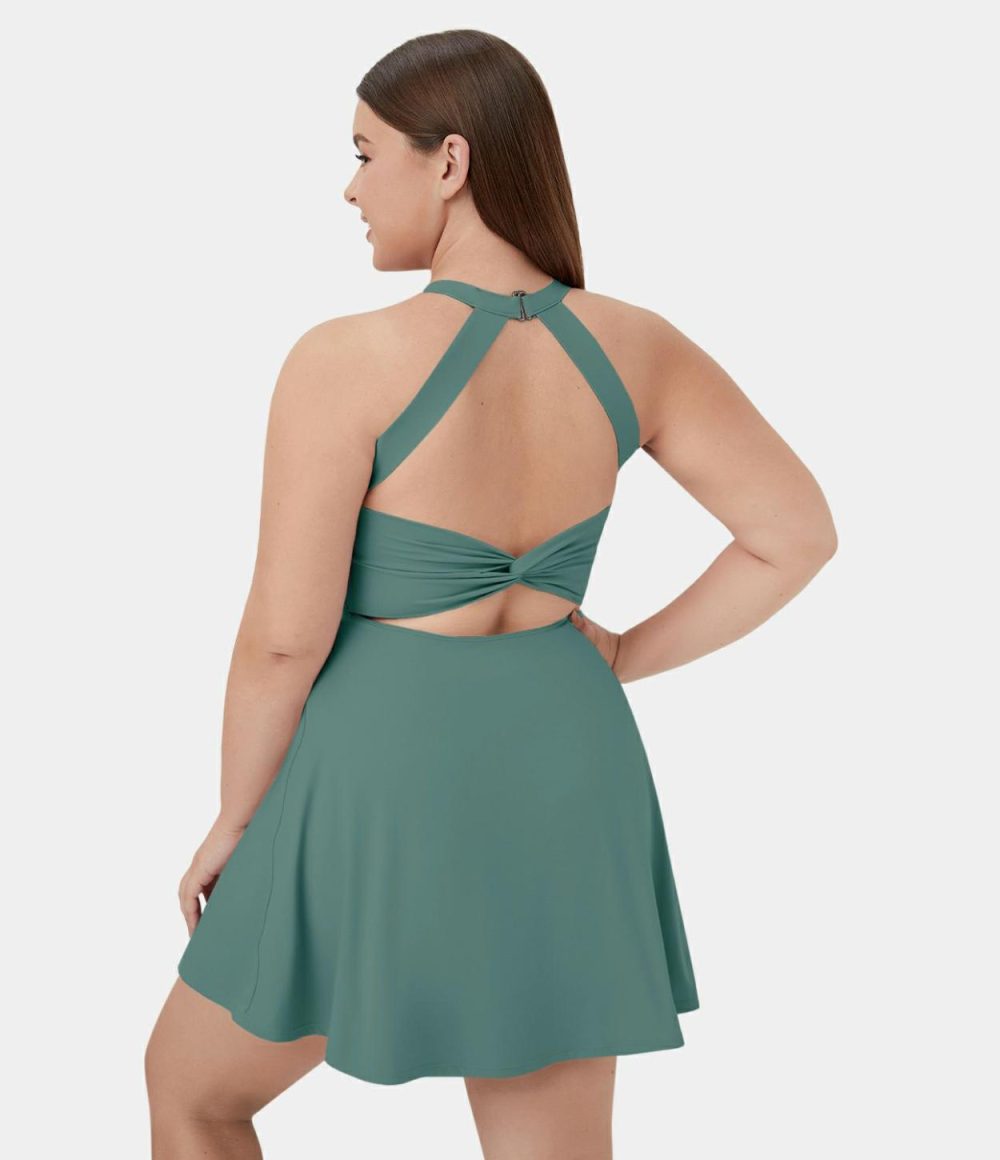 Backless Cut Out Twisted Side Pocket 2-in-1 Plus Size Barre Ballet Dance Dress  | Womens  Mini Dresses Clothing Mini Dresses