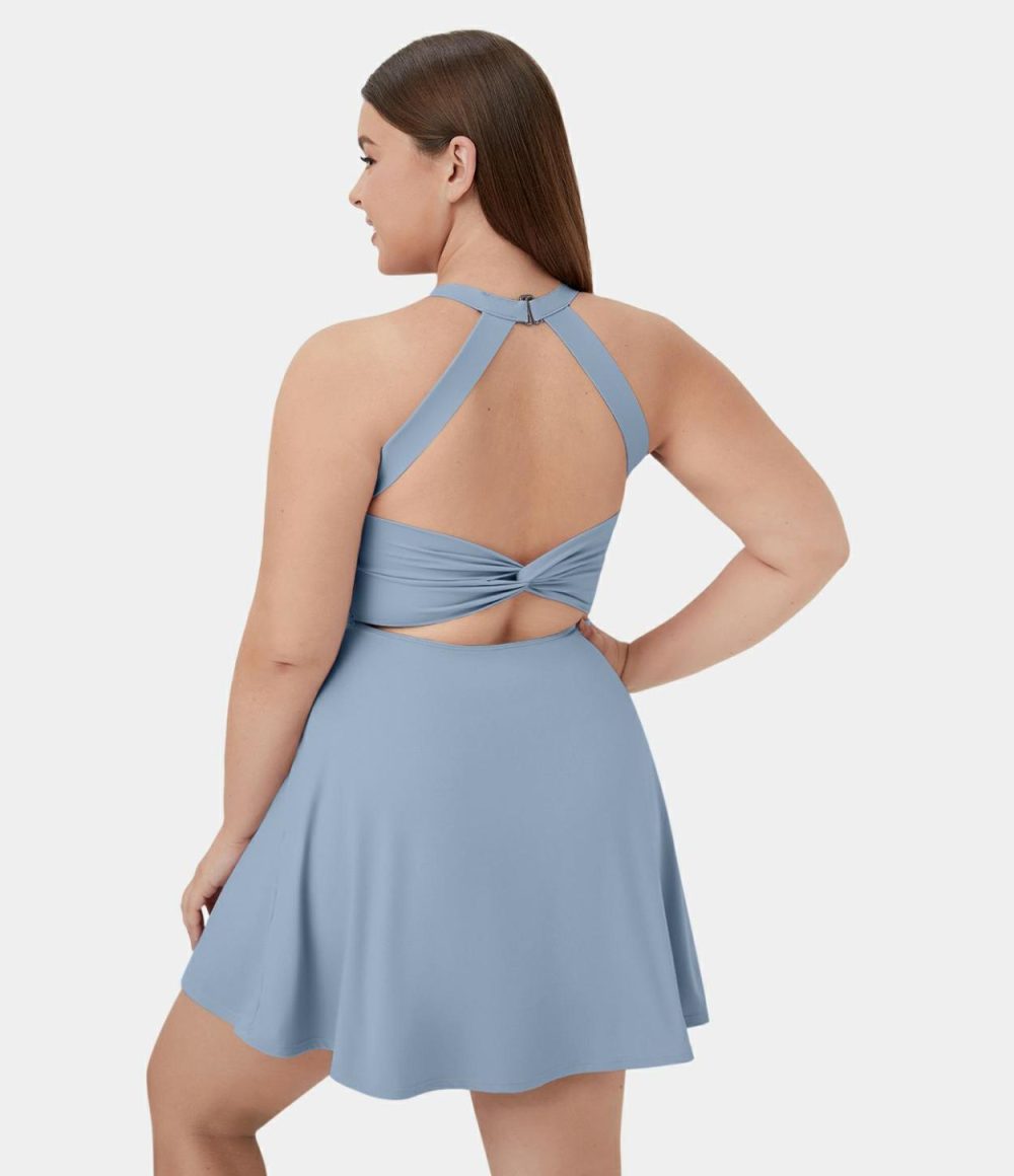 Backless Cut Out Twisted Side Pocket 2-in-1 Plus Size Barre Ballet Dance Dress  | Womens  Mini Dresses Clothing Mini Dresses