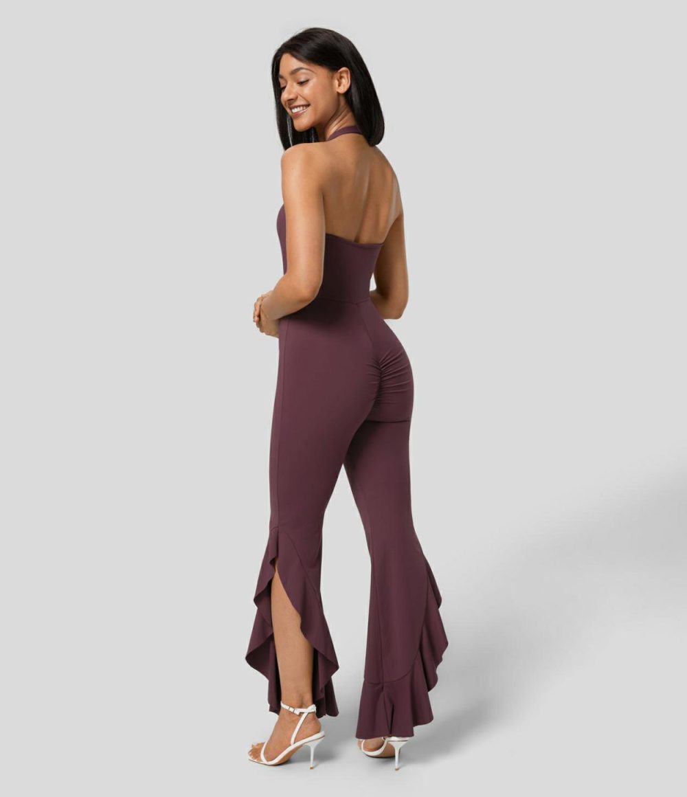 Backless Halter G-Hook Ruched Asymmetric Ruffle Skinny Casual Jumpsuit  | Womens  Dressey Jumpsuits Clothing Dressey Jumpsuits