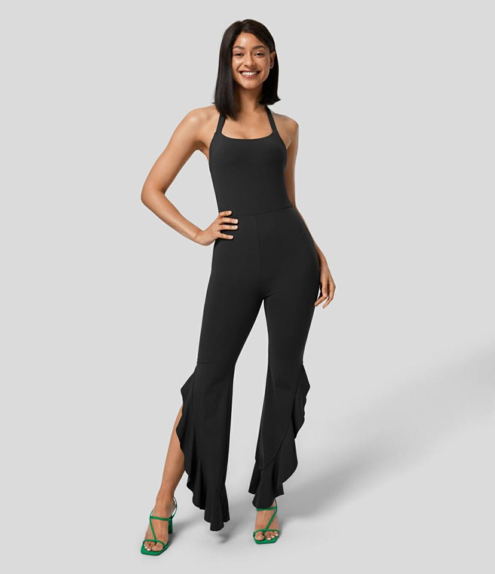 Backless Halter G-Hook Ruched Asymmetric Ruffle Skinny Casual Jumpsuit  | Womens  Dressey Jumpsuits Clothing Dressey Jumpsuits