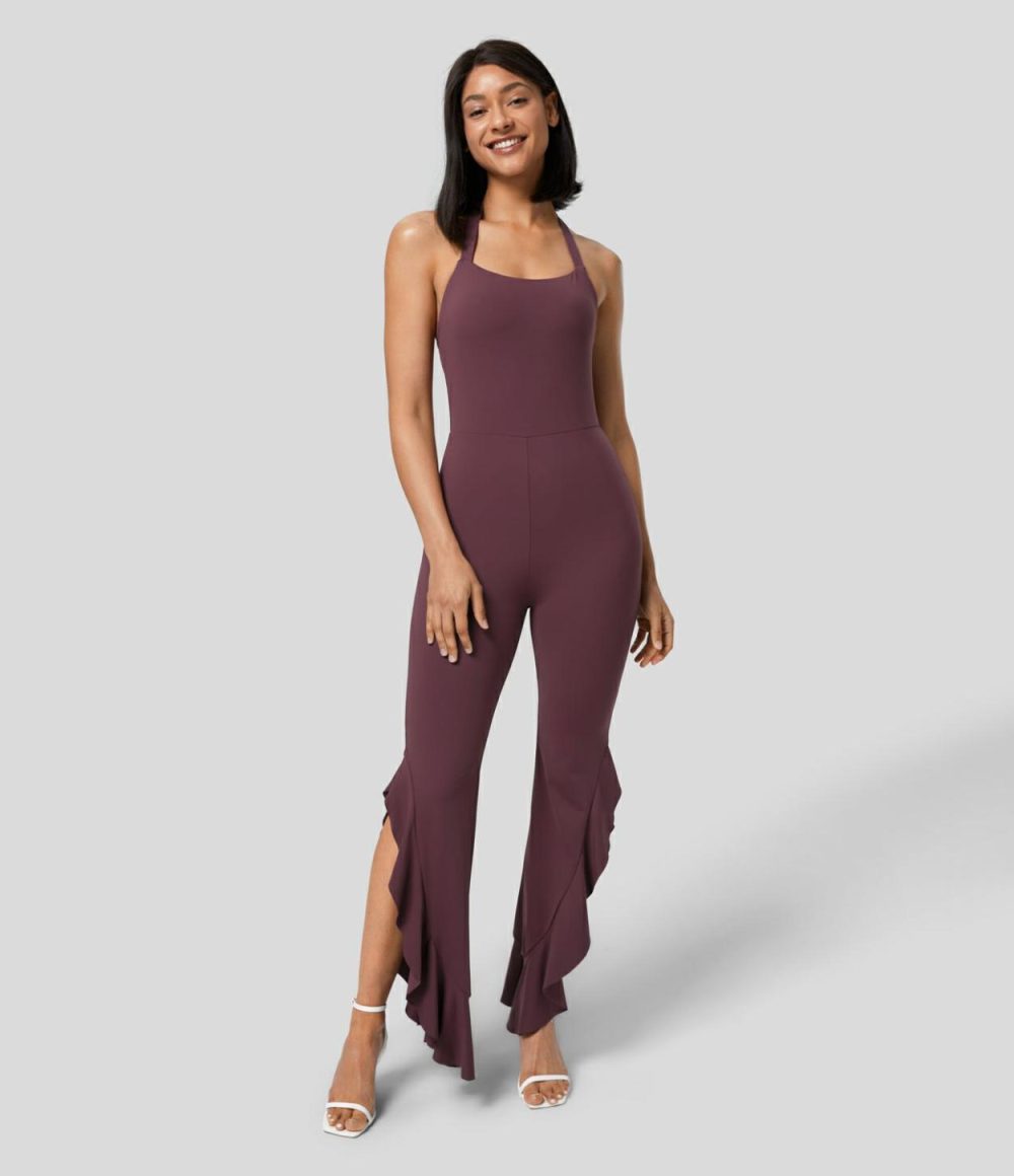 Backless Halter G-Hook Ruched Asymmetric Ruffle Skinny Casual Jumpsuit  | Womens  Dressey Jumpsuits Clothing Dressey Jumpsuits