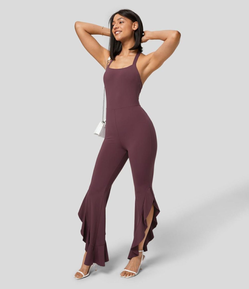 Backless Halter G-Hook Ruched Asymmetric Ruffle Skinny Casual Jumpsuit  | Womens  Dressey Jumpsuits Clothing Dressey Jumpsuits