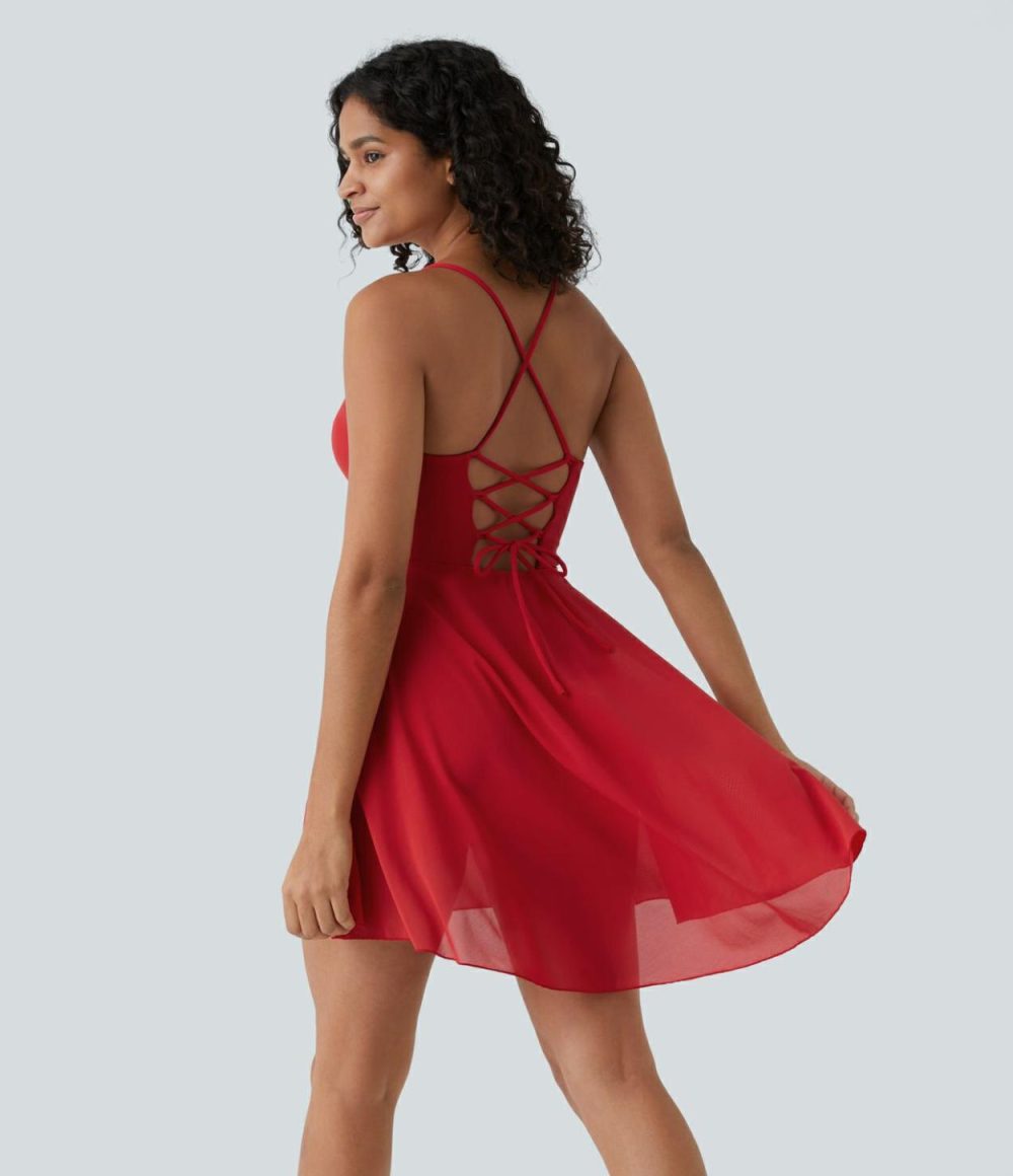 Backless Lace Up 2-in-1 Pocket High Low Contrast Mesh Flowy Mini Dance Active Dress  | Womens  Active Dresses Active Dresses Active Dresses