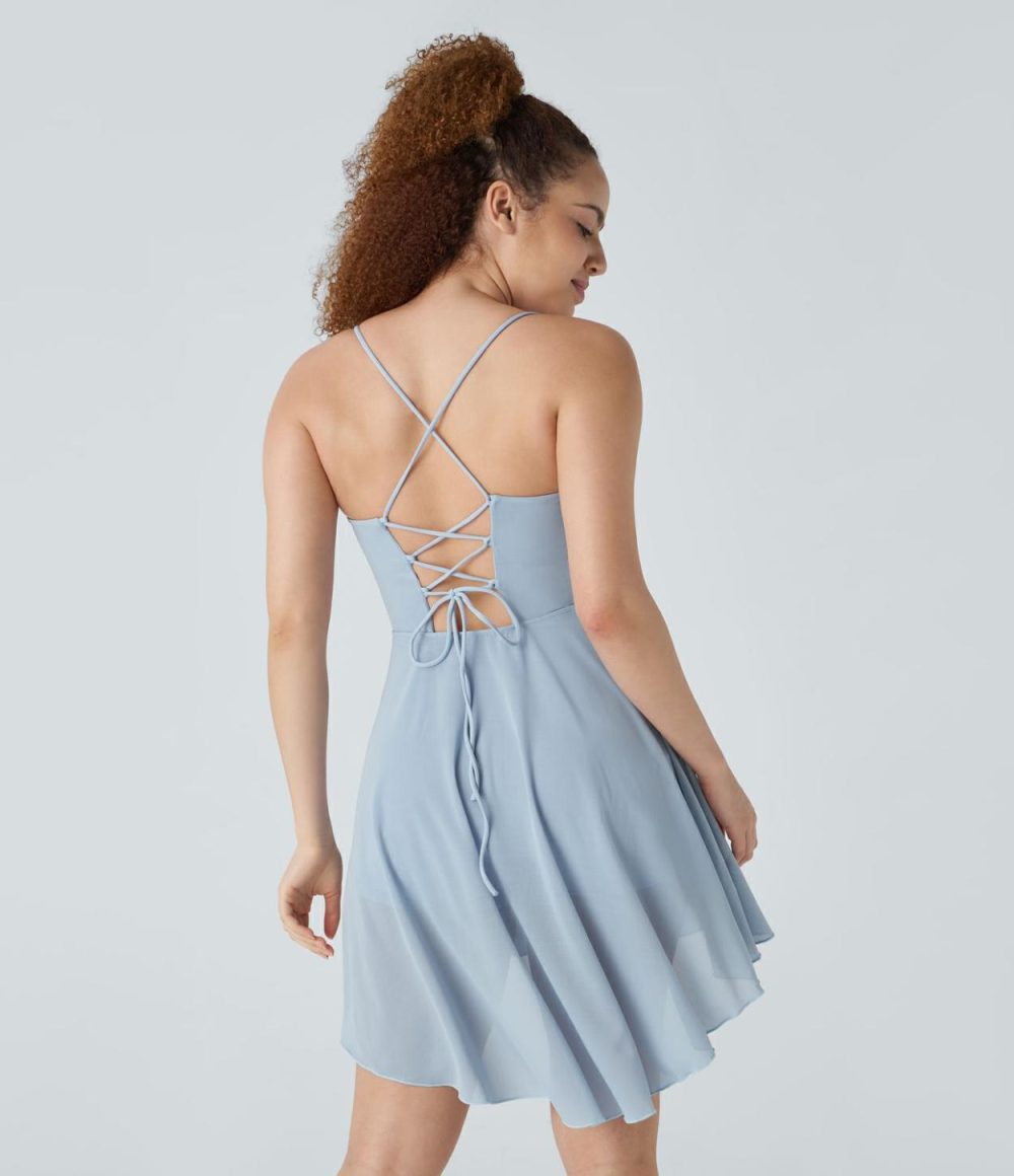 Backless Lace Up 2-in-1 Pocket High Low Contrast Mesh Flowy Mini Dance Active Dress  | Womens  Active Dresses Active Dresses Active Dresses