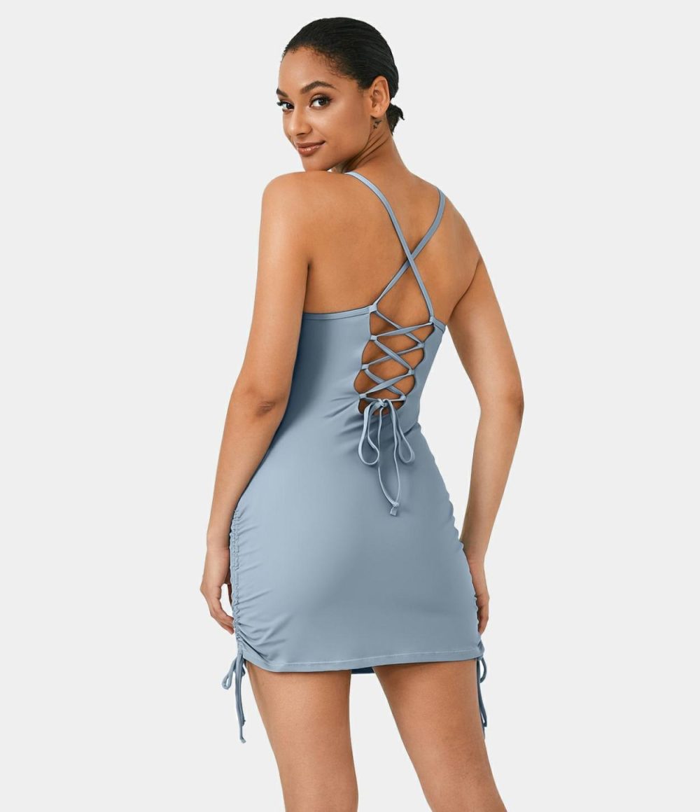 Backless Lace Up Drawstring 2-Piece Pocket Bodycon Mini Slip Casual Dress  | Womens  Active Dresses Active Dresses Active Dresses