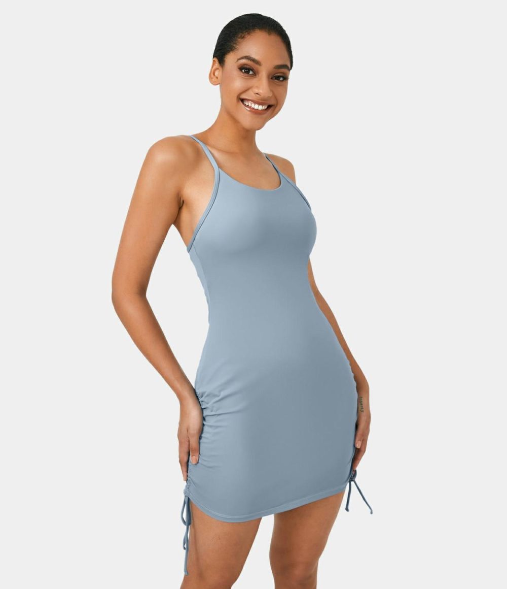 Backless Lace Up Drawstring 2-Piece Pocket Bodycon Mini Slip Casual Dress  | Womens  Active Dresses Active Dresses Active Dresses