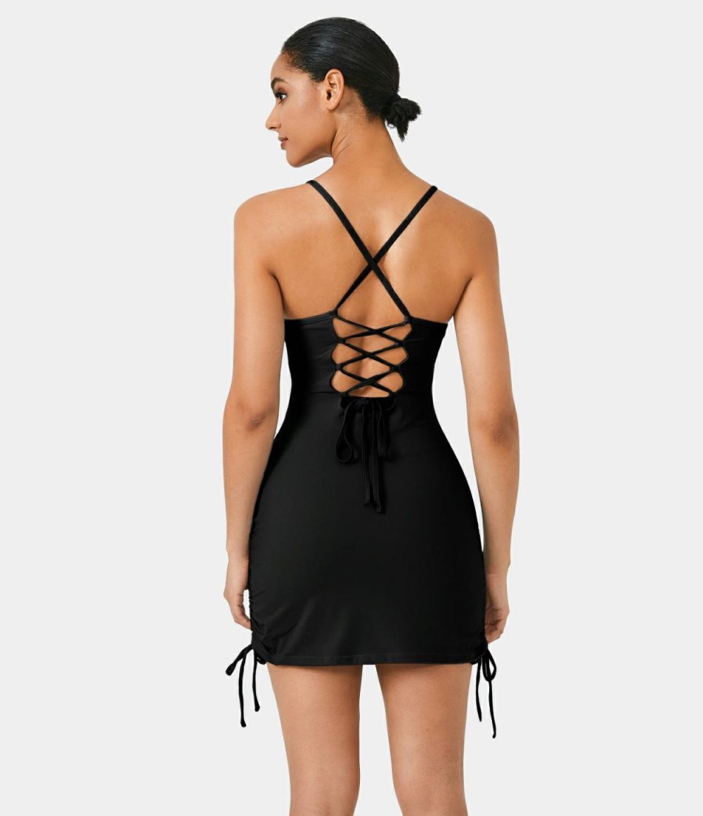 Backless Lace Up Drawstring 2-Piece Pocket Bodycon Mini Slip Casual Dress  | Womens  Active Dresses Active Dresses Active Dresses