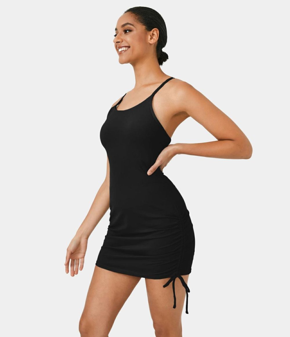 Backless Lace Up Drawstring 2-Piece Pocket Bodycon Mini Slip Casual Dress  | Womens  Active Dresses Active Dresses Active Dresses