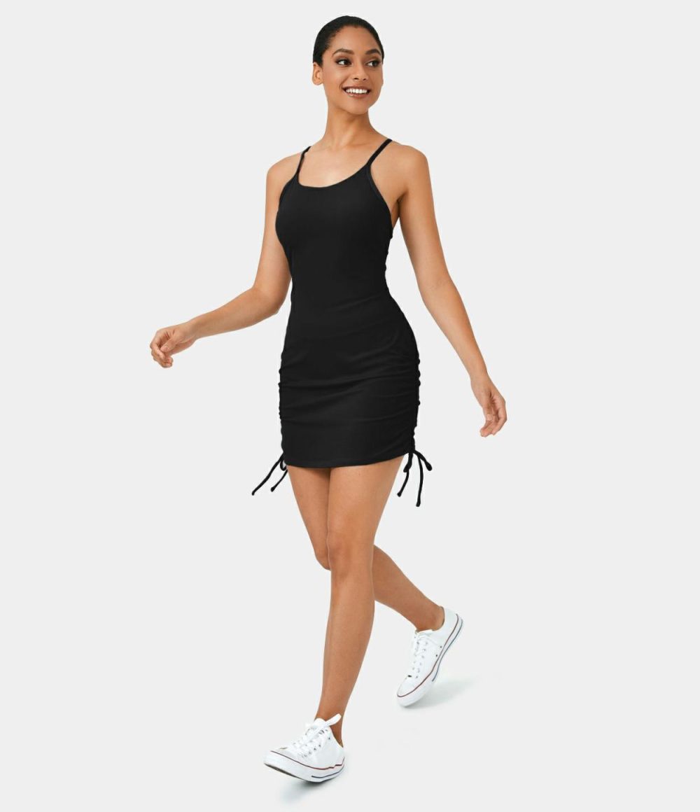 Backless Lace Up Drawstring 2-Piece Pocket Bodycon Mini Slip Casual Dress  | Womens  Active Dresses Active Dresses Active Dresses