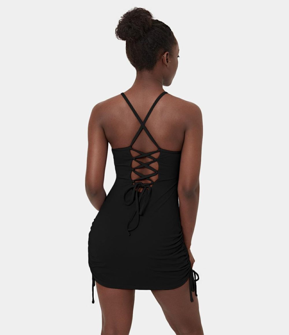 Backless Lace Up Drawstring 2-Piece Pocket Bodycon Mini Slip Casual Dress  | Womens  Active Dresses Active Dresses Active Dresses