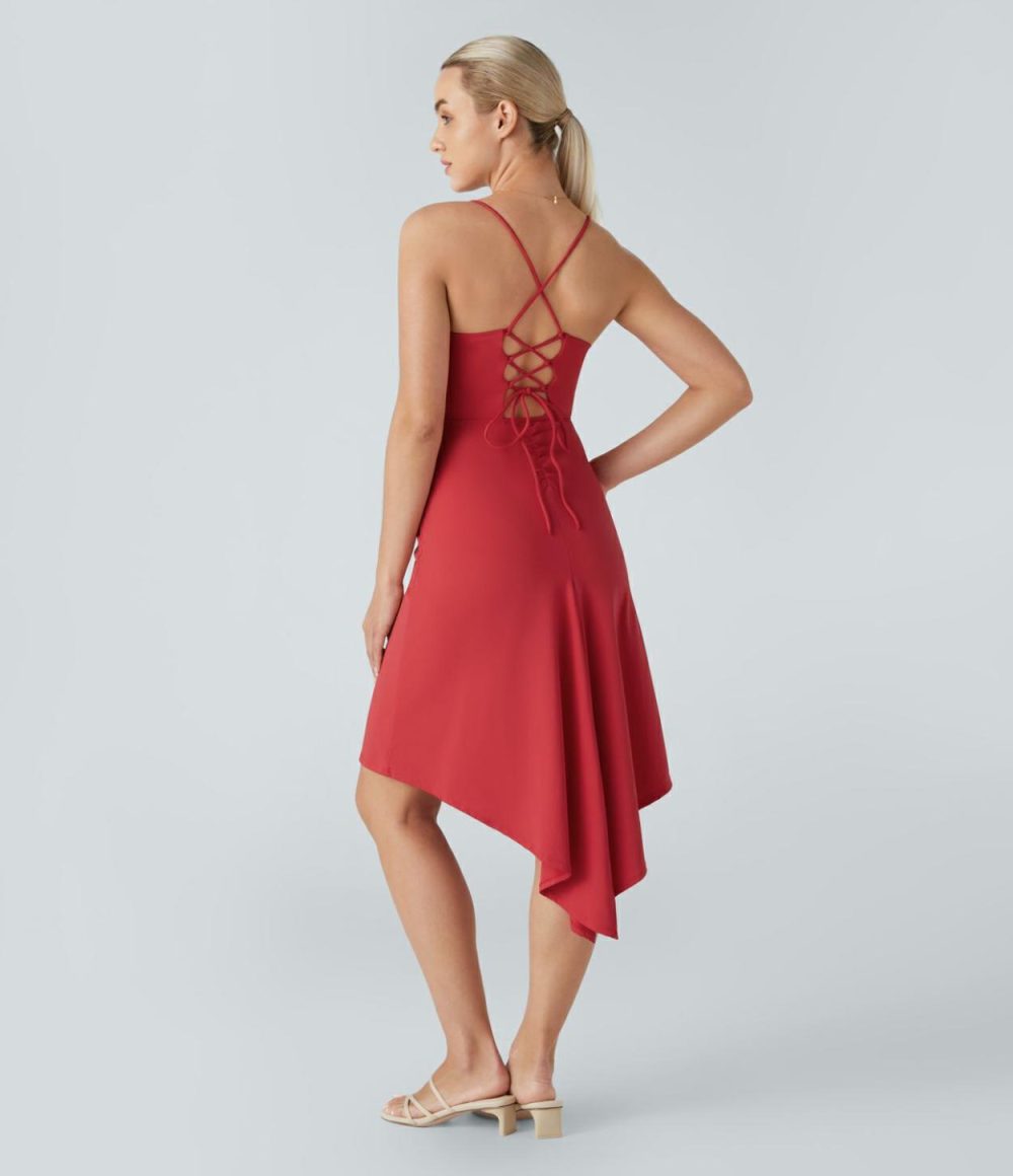 Backless Lace Up Ruched High Low Split Hem Midi Slip Tango Dance Active Dress  | Womens  Active Dresses Active Dresses Active Dresses