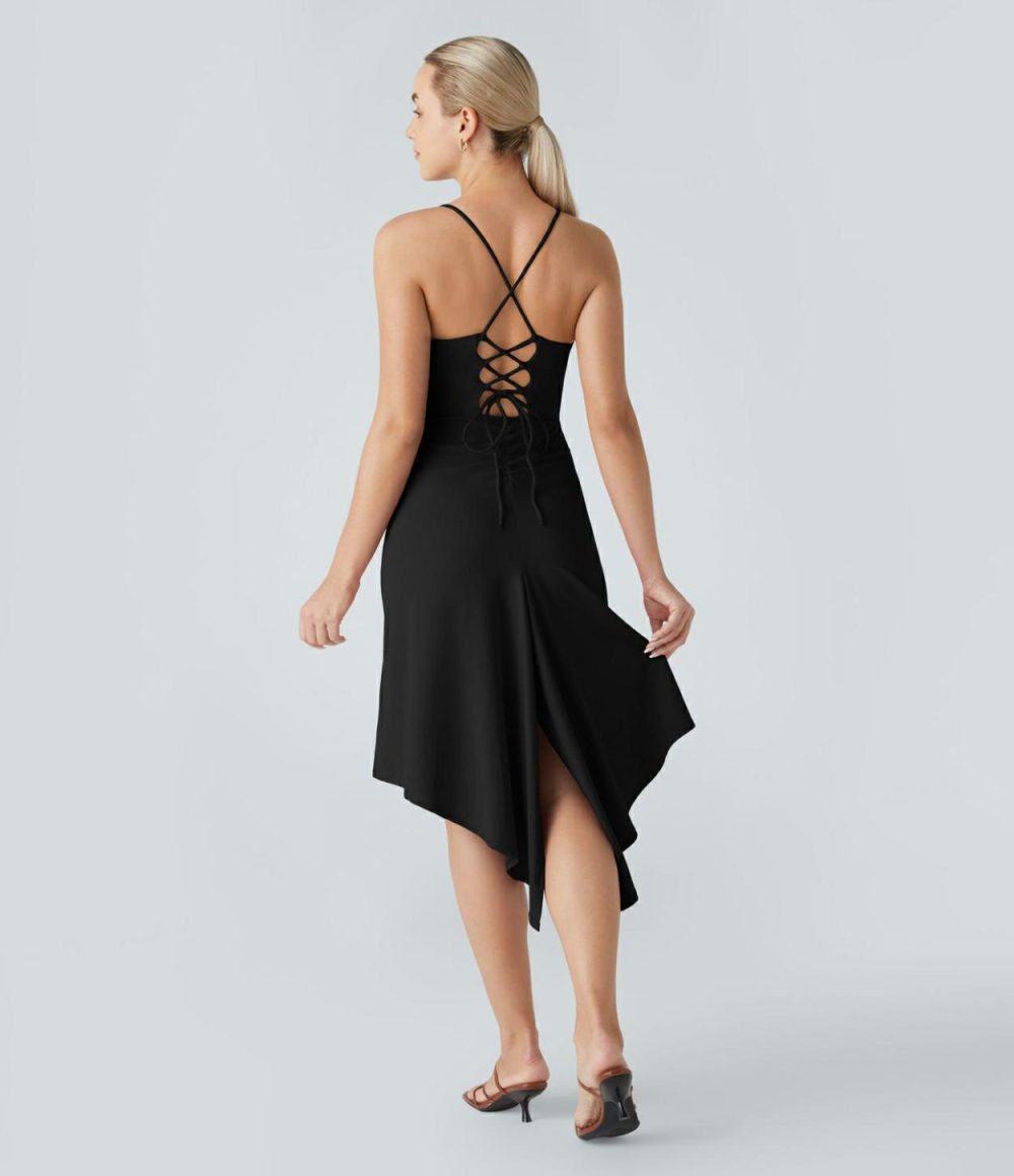 Backless Lace Up Ruched High Low Split Hem Midi Slip Tango Dance Active Dress  | Womens  Active Dresses Active Dresses Active Dresses