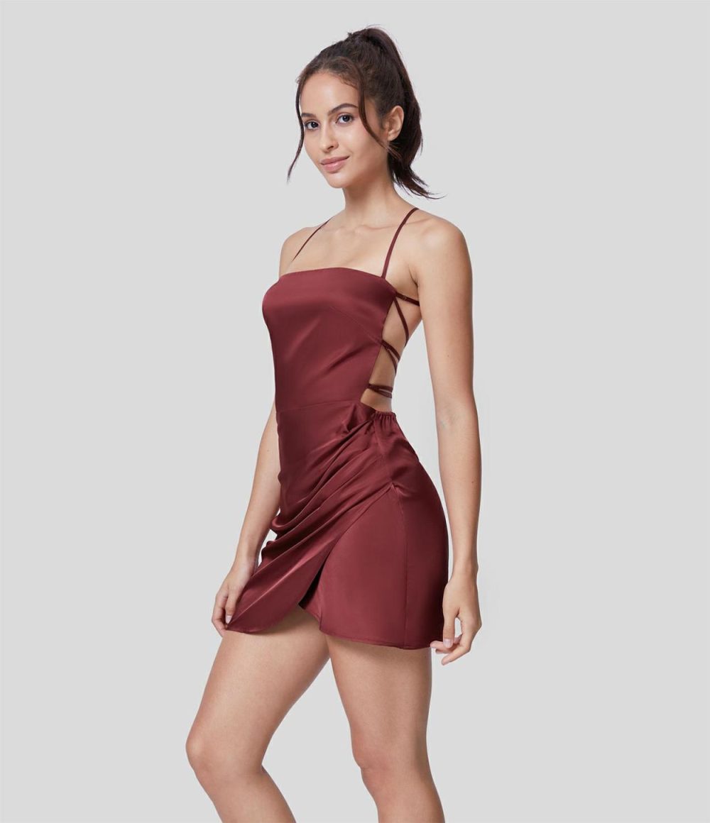 Backless Lace Up Ruched Tulip Hem Mini Satin-Like Party Slip Dress  | Womens  Mini Dresses Clothing Burnt Russet/Black