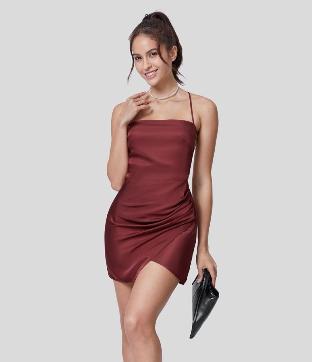 Backless Lace Up Ruched Tulip Hem Mini Satin-Like Party Slip Dress  | Womens  Mini Dresses Clothing Burnt Russet/Black