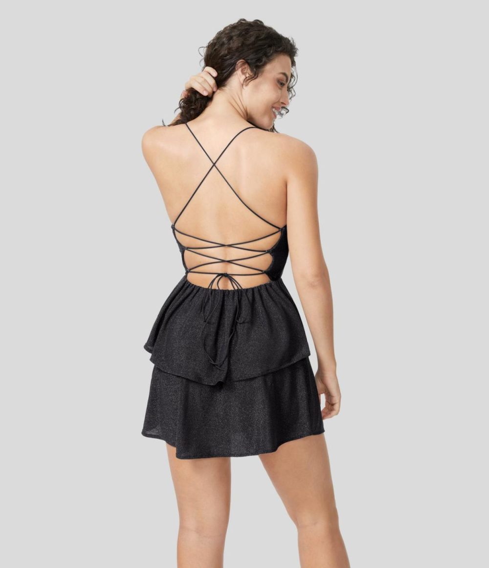 Backless Lace Up Tiered Hem Mini Metallic Party Slip Dress  | Womens  Mini Dresses Clothing Glitter Black Blue/Glitter Lavender Blue