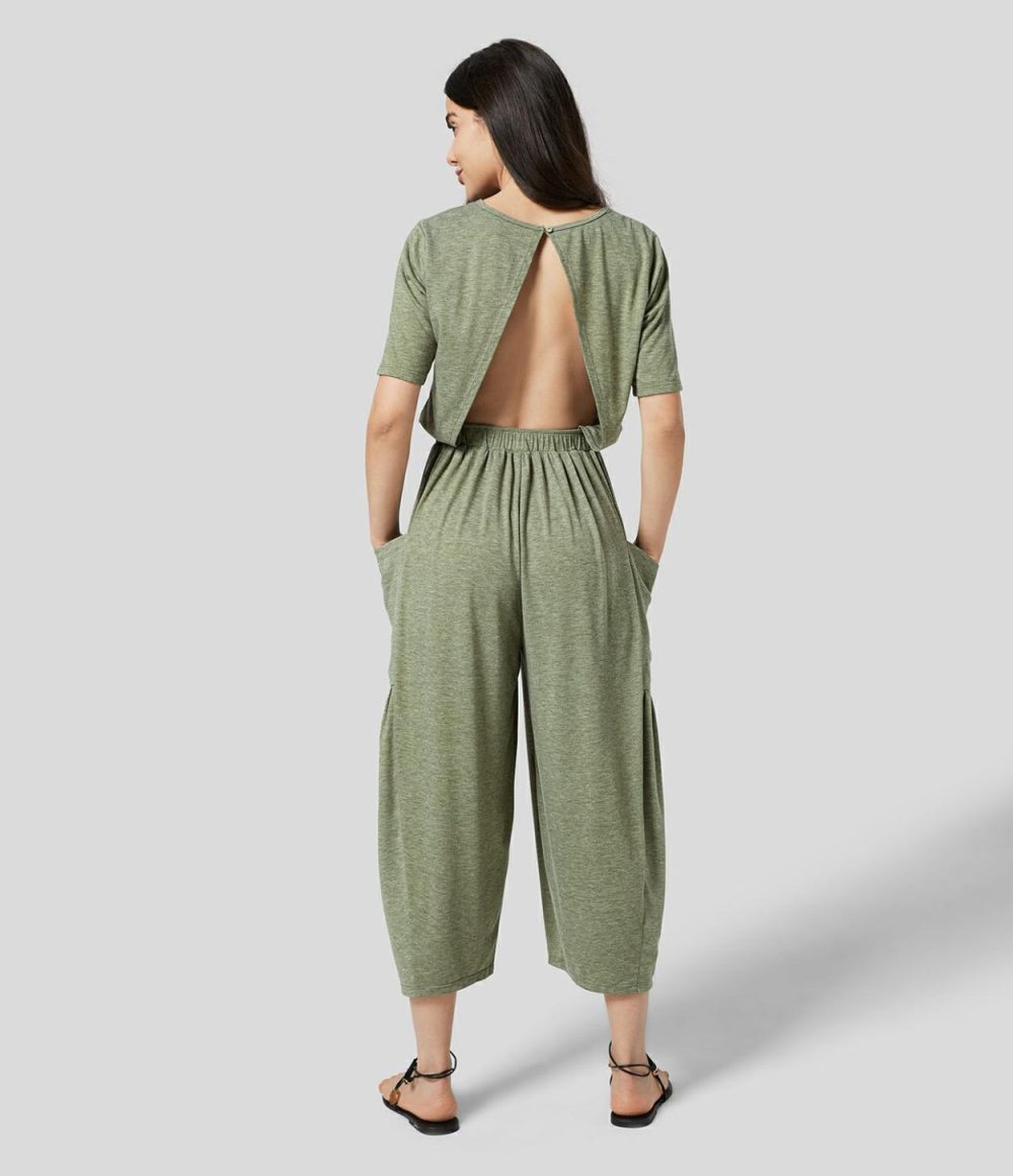 Backless Plicated Side Pocket Relax Casual Jumpsuit  | Womens  Dressey Jumpsuits Clothing Dressey Jumpsuits