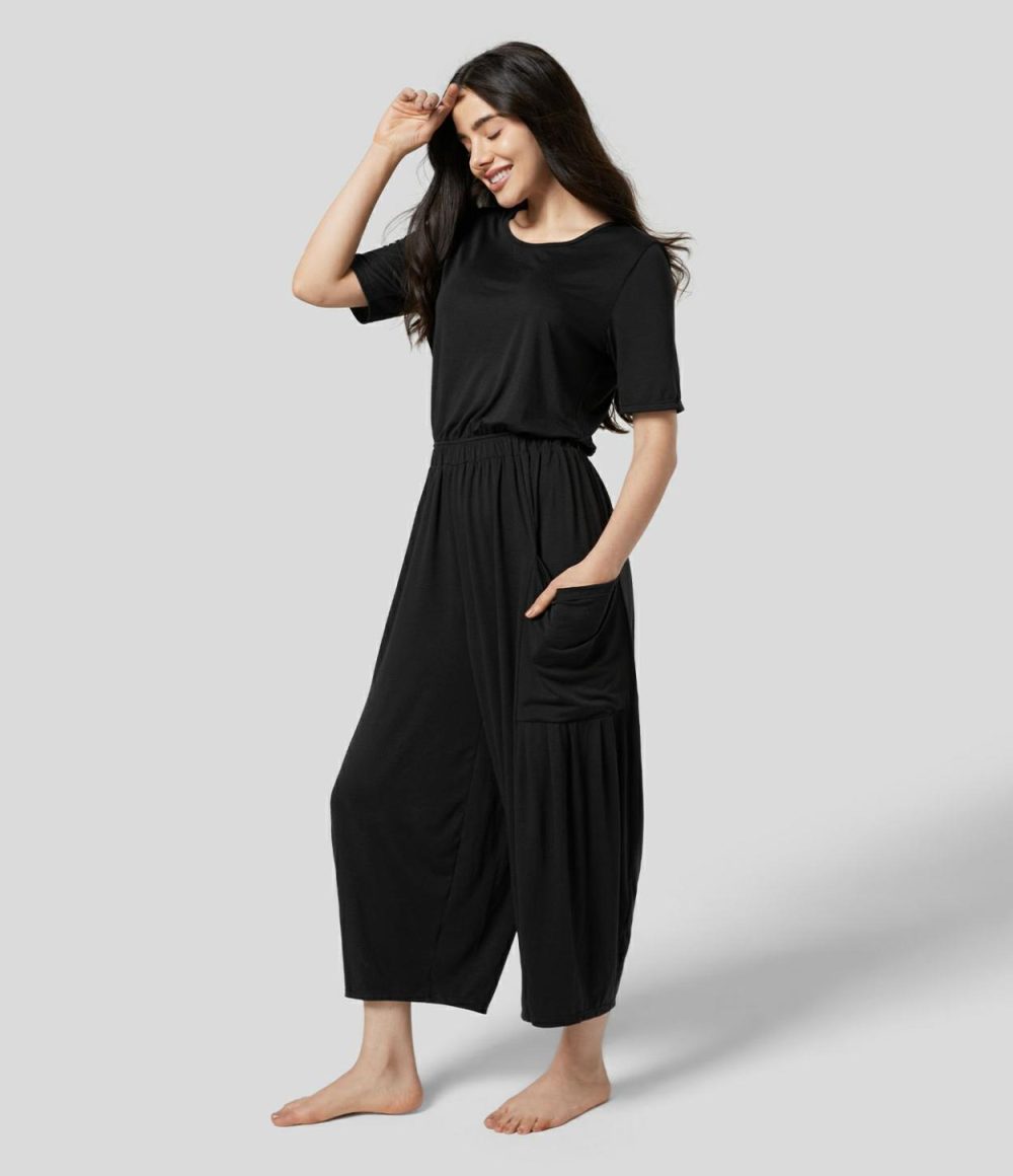 Backless Plicated Side Pocket Relax Casual Jumpsuit  | Womens  Dressey Jumpsuits Clothing Dressey Jumpsuits