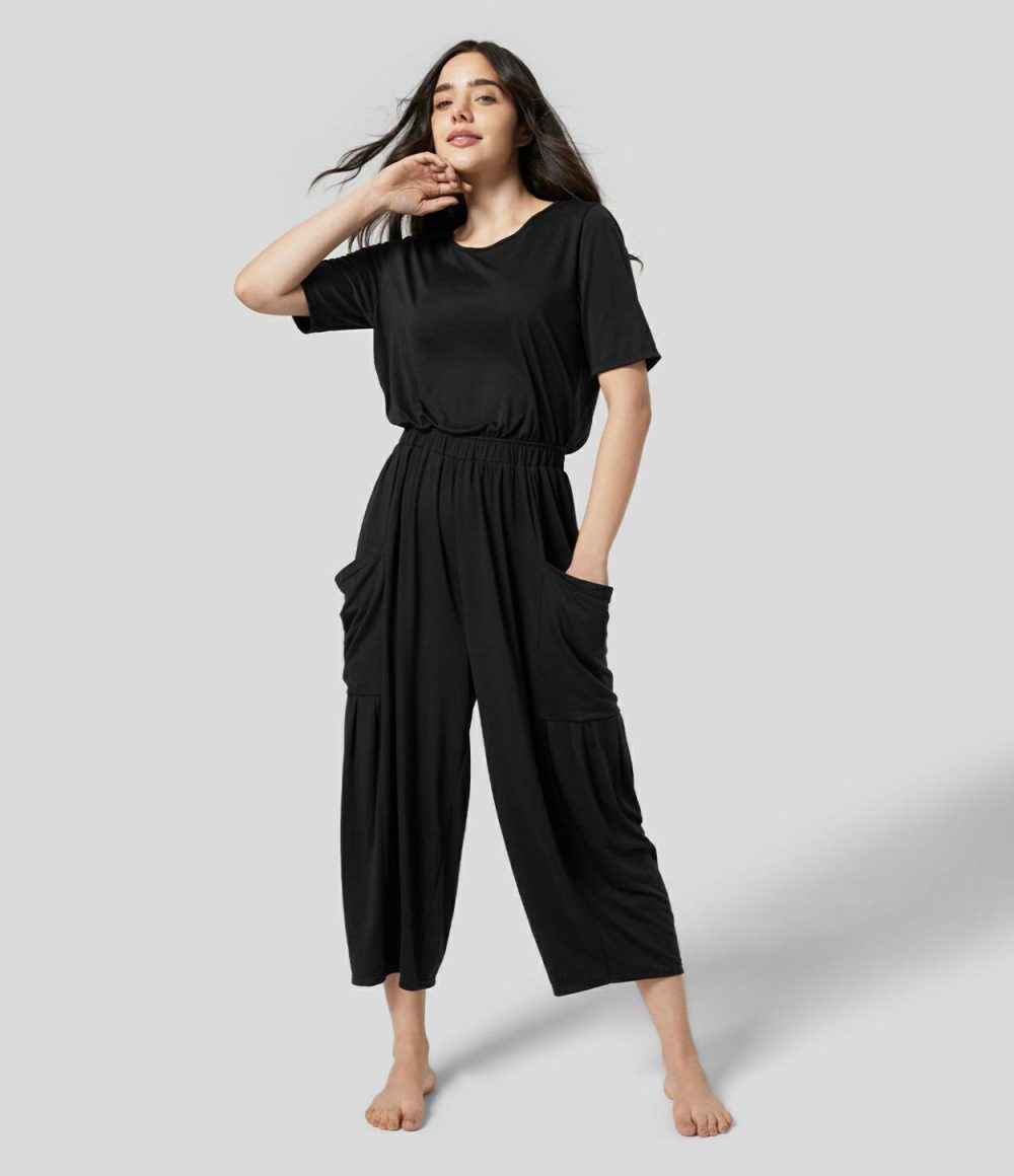 Backless Plicated Side Pocket Relax Casual Jumpsuit  | Womens  Dressey Jumpsuits Clothing Dressey Jumpsuits